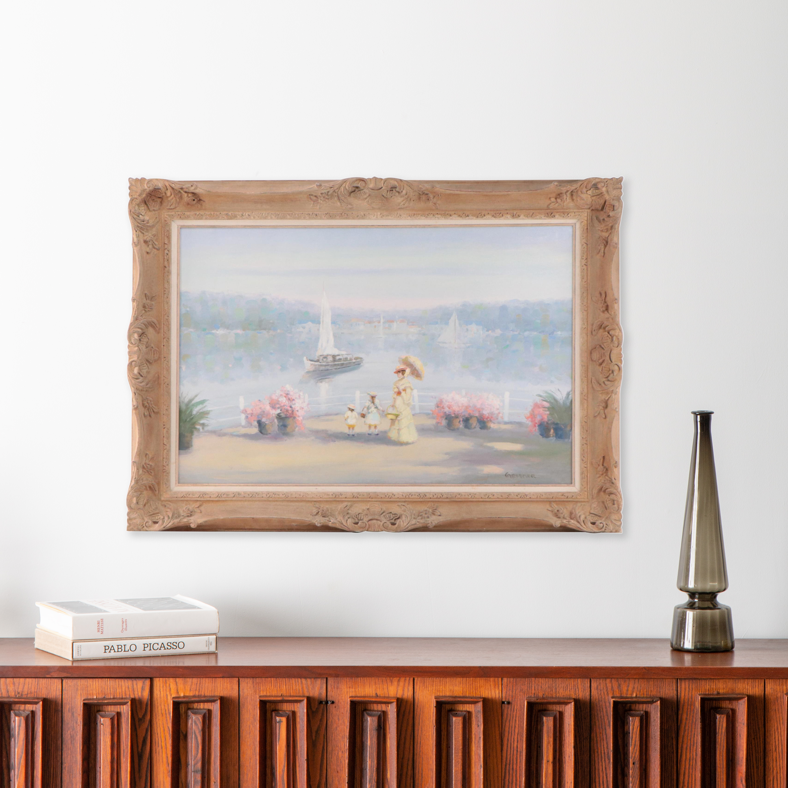 Julius Grodner Oil Painting of Figure With Parasol Along the River