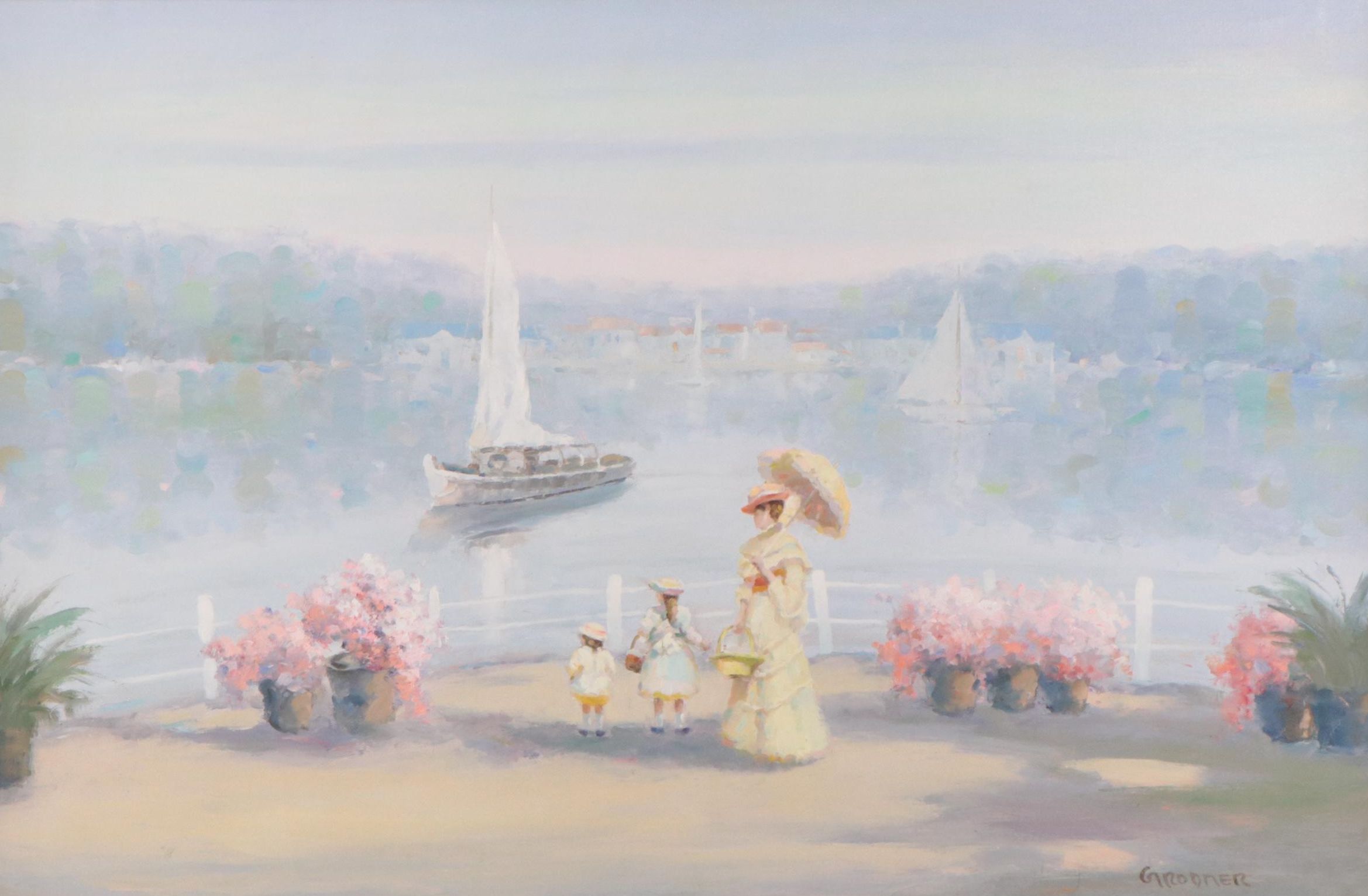 Julius Grodner Oil Painting of Figure With Parasol Along the River