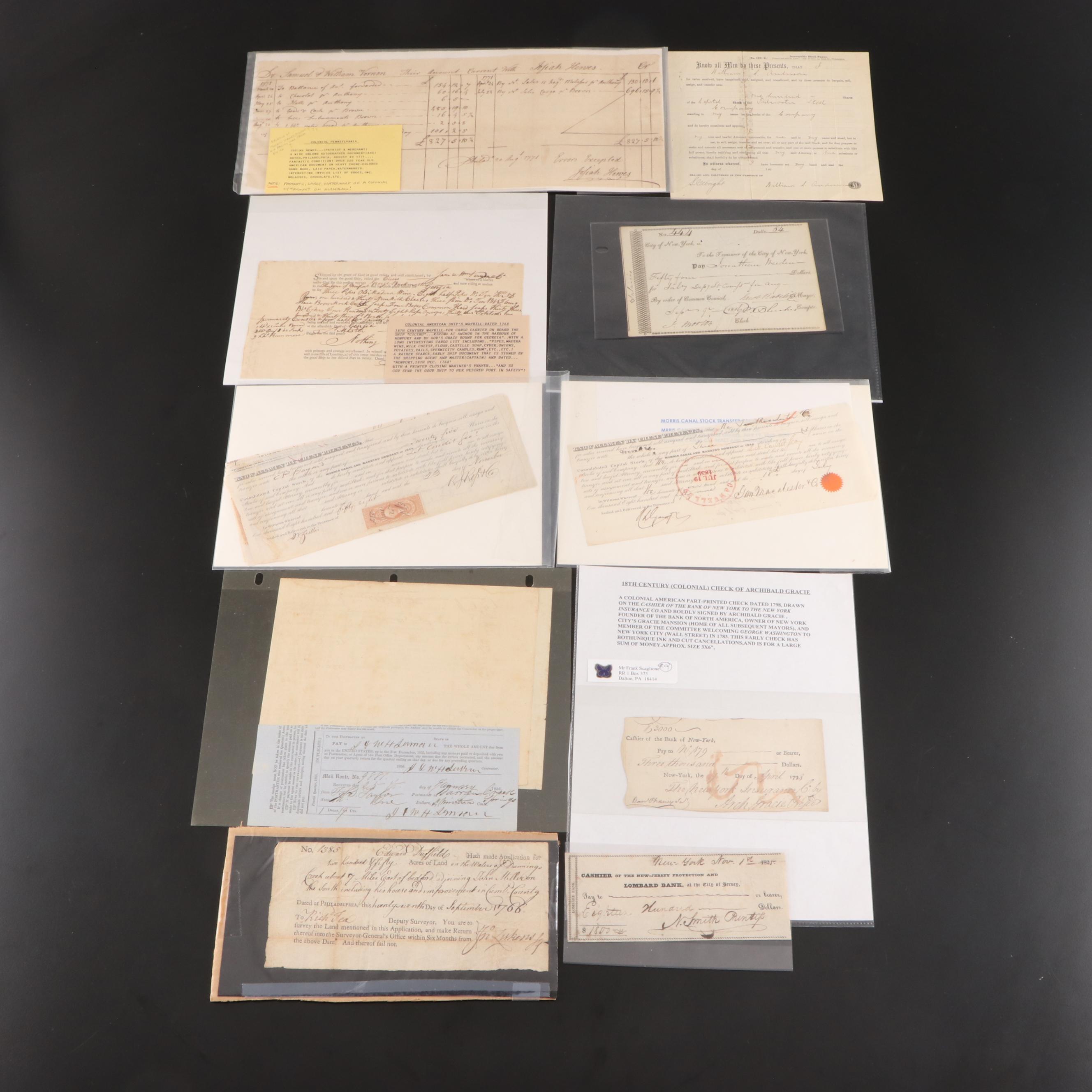 Colonial America with Other Bank Checks, Invoices, Waybill and More Documents