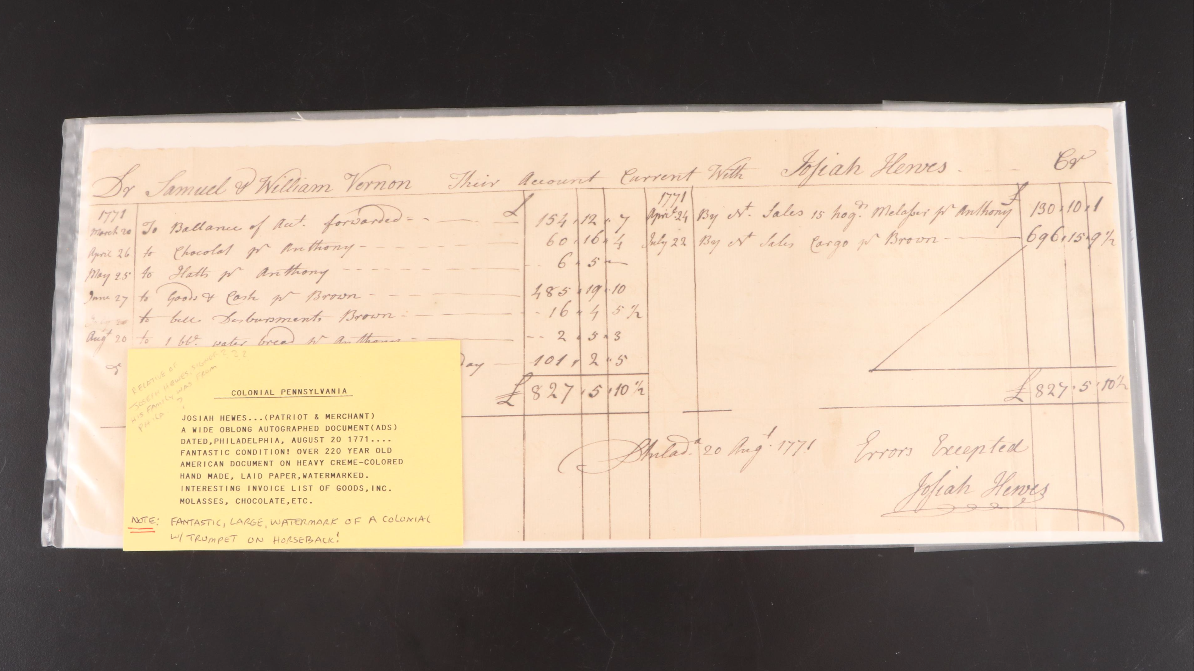 Colonial America with Other Bank Checks, Invoices, Waybill and More Documents