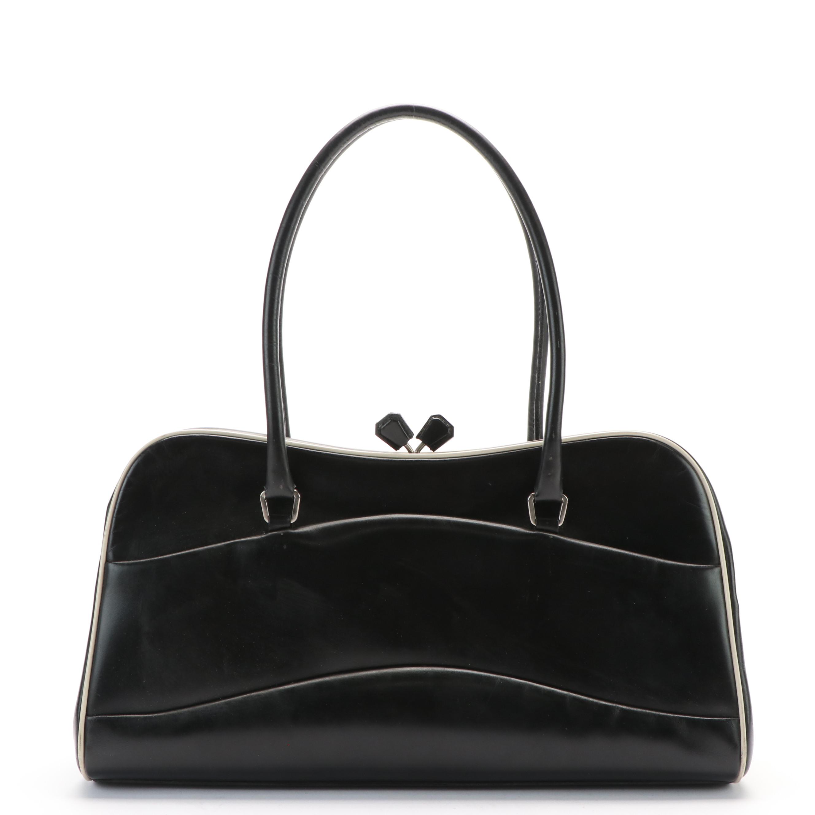 Prada 1990s Black Leather Kiss Lock Bowling Handbag with Contrast Piping