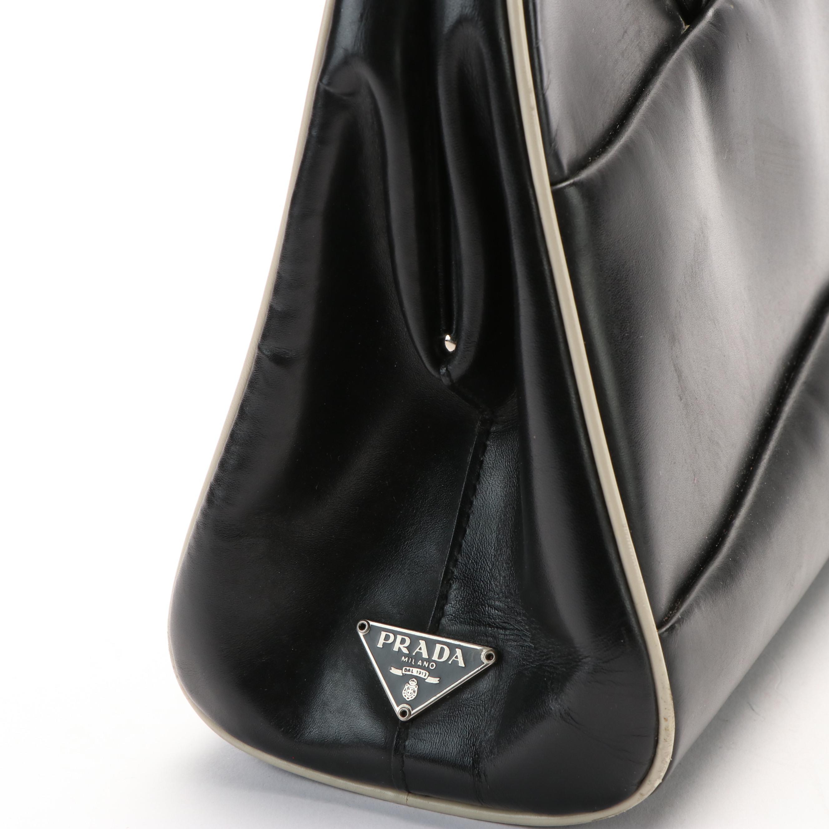 Prada 1990s Black Leather Kiss Lock Bowling Handbag with Contrast Piping