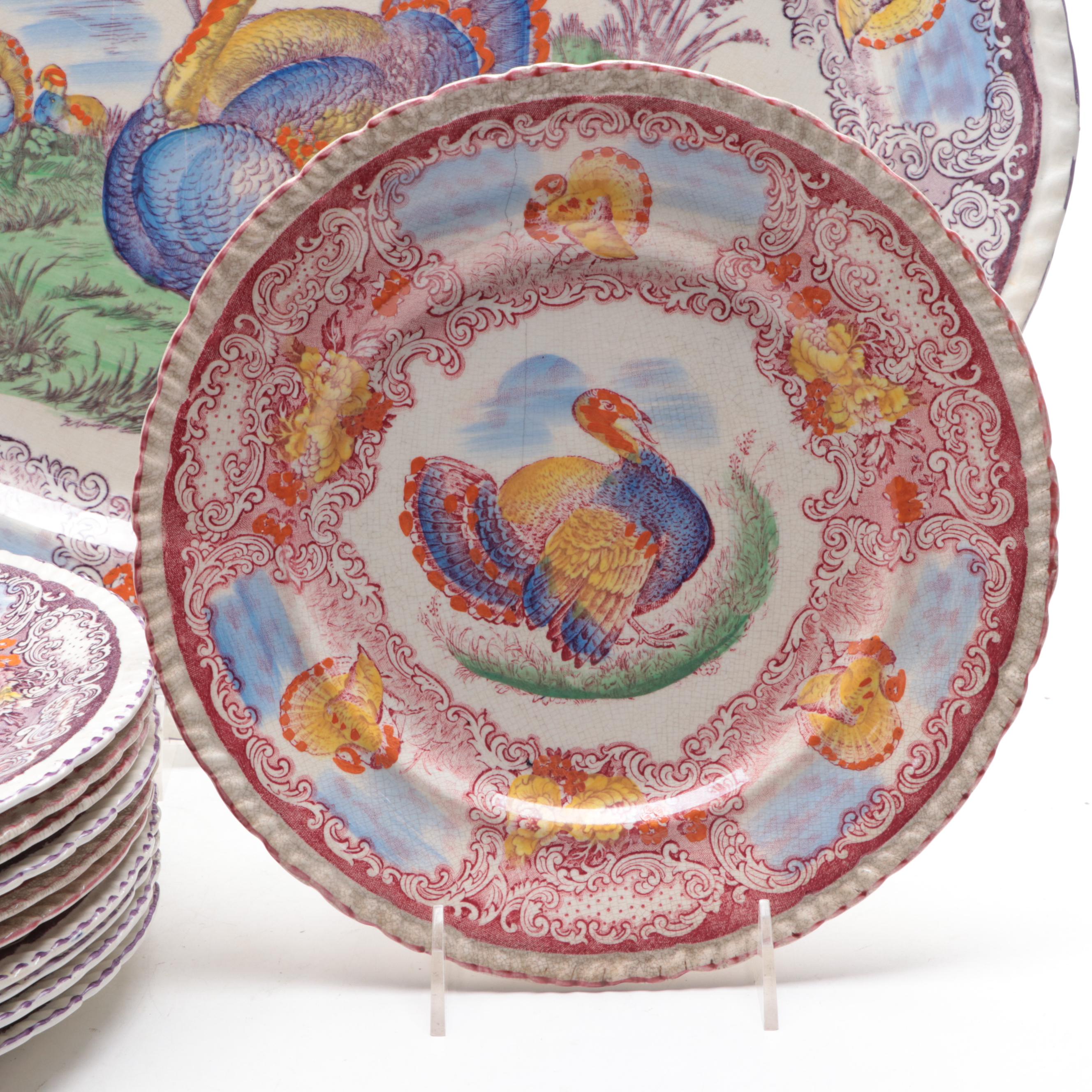 Staffordshire Polychrome Transferware Tom Turkey Platter and Plates