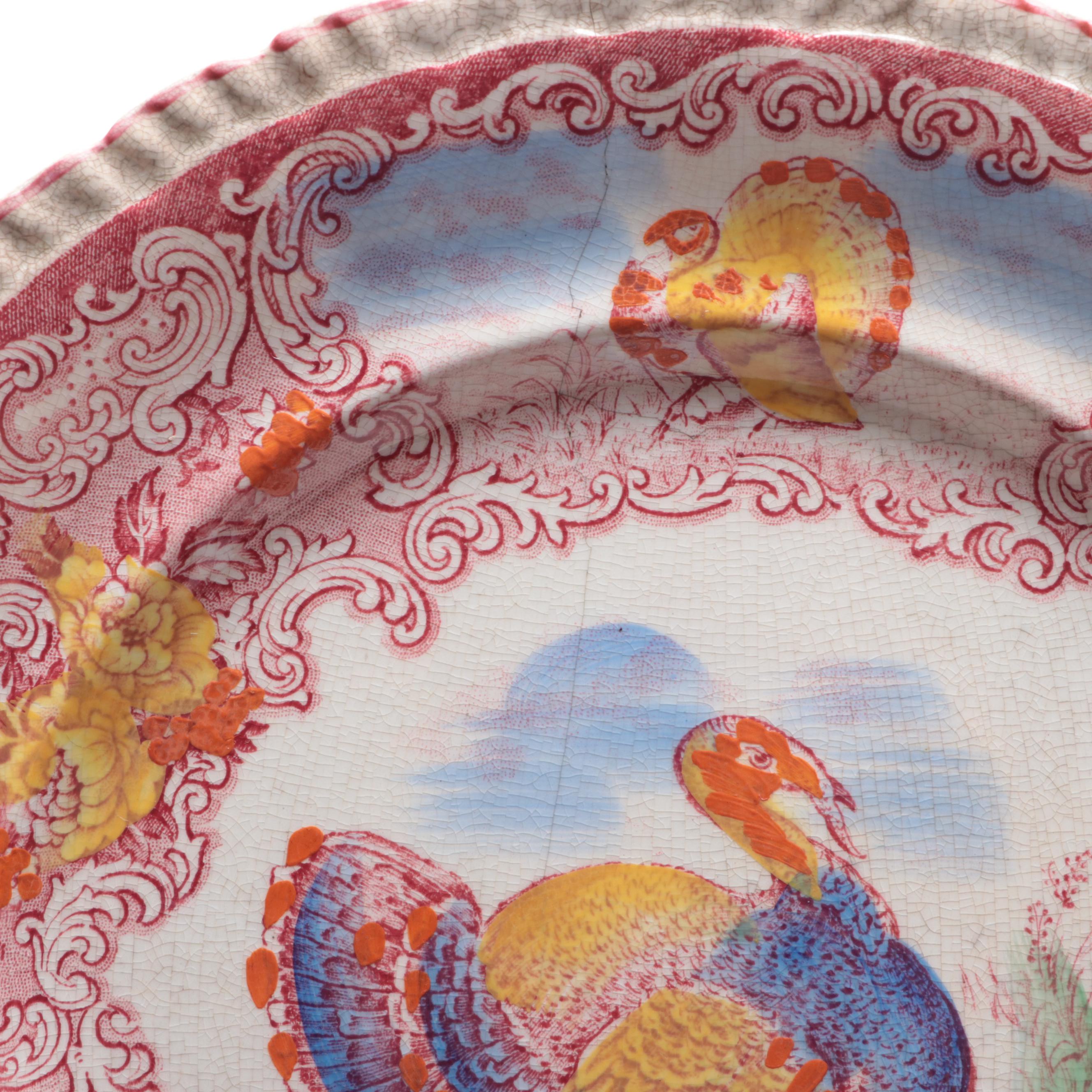 Staffordshire Polychrome Transferware Tom Turkey Platter and Plates
