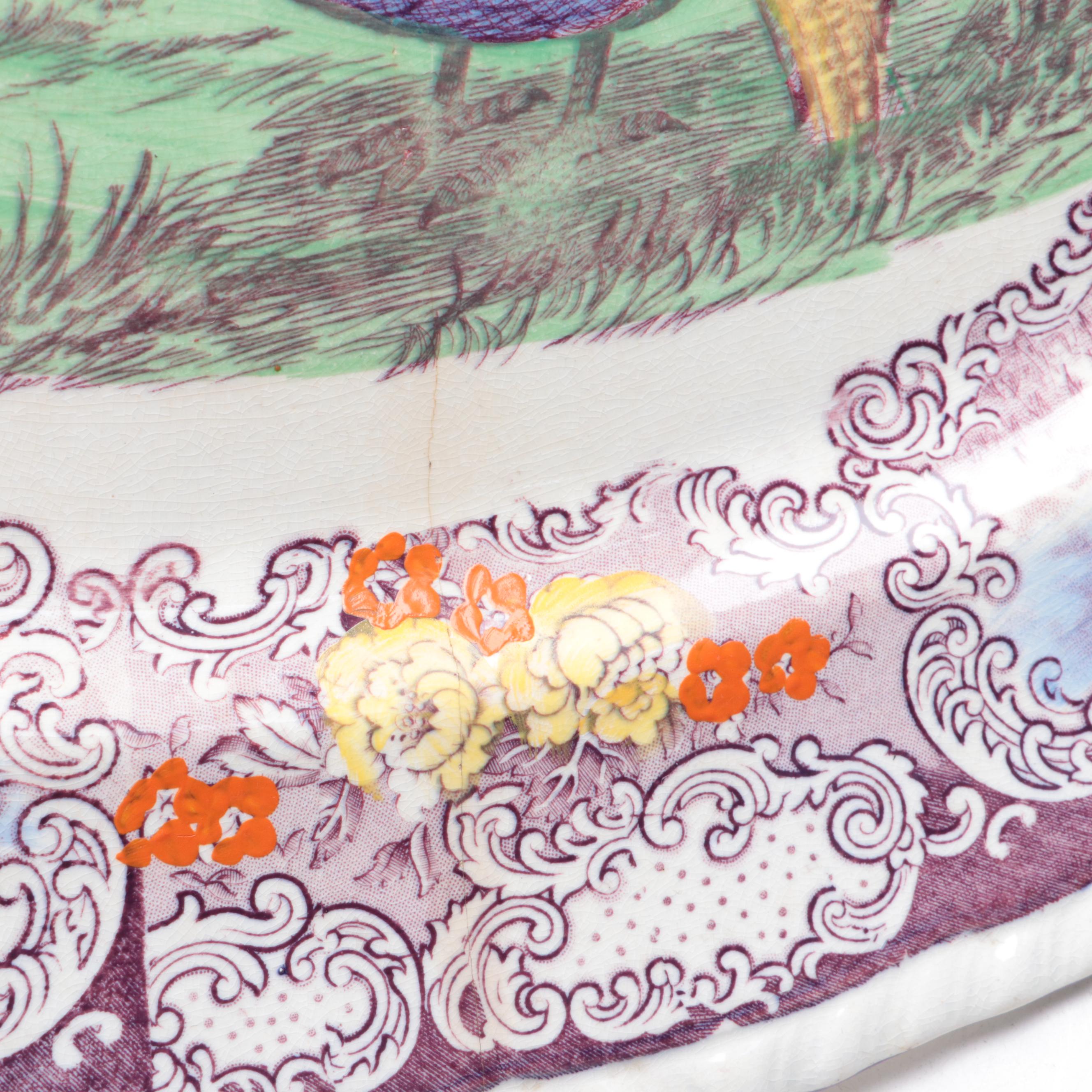 Staffordshire Polychrome Transferware Tom Turkey Platter and Plates