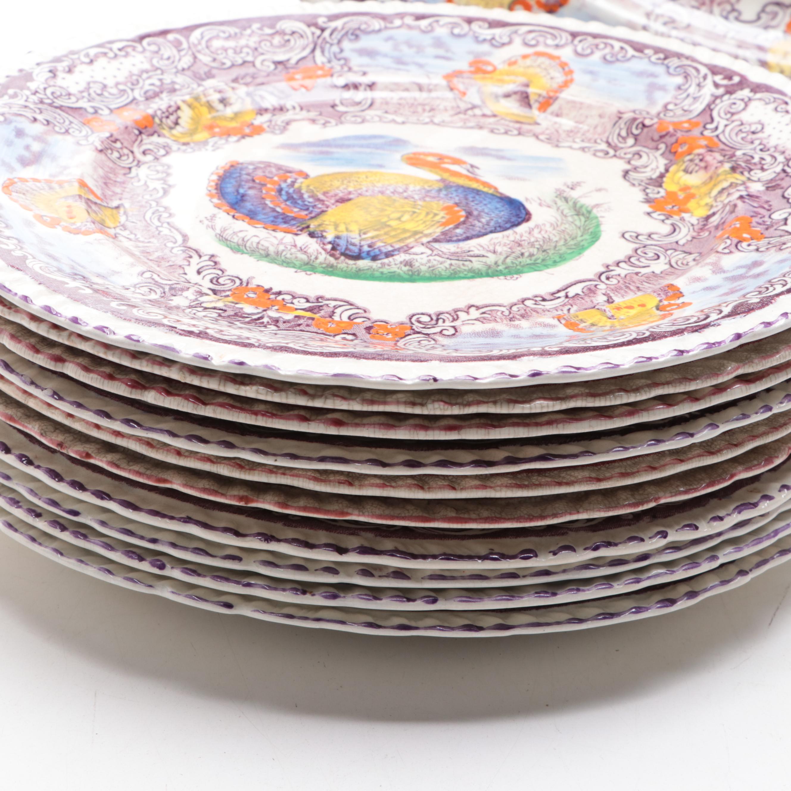 Staffordshire Polychrome Transferware Tom Turkey Platter and Plates