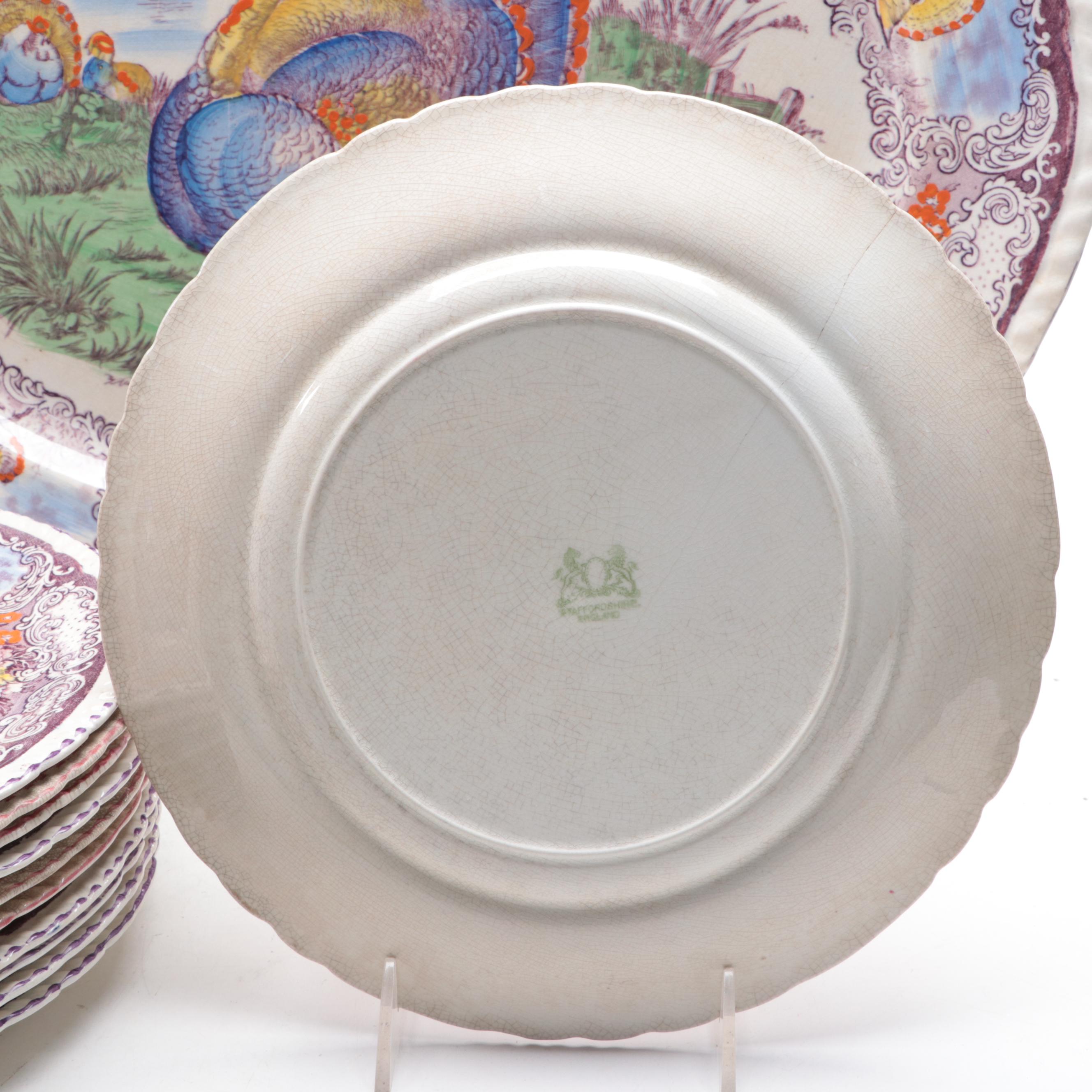 Staffordshire Polychrome Transferware Tom Turkey Platter and Plates