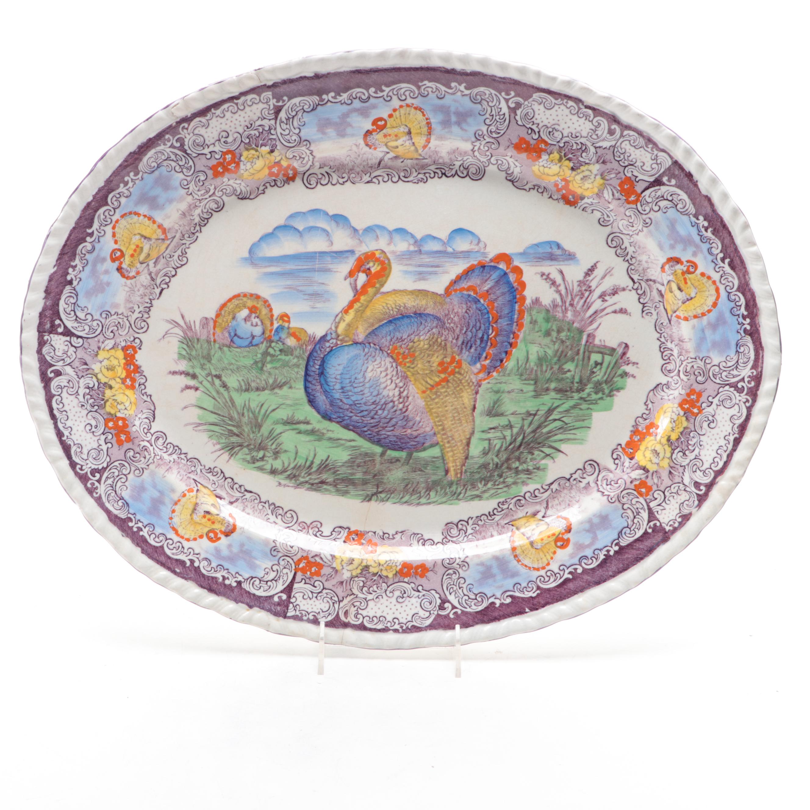 Staffordshire Polychrome Transferware Tom Turkey Platter and Plates