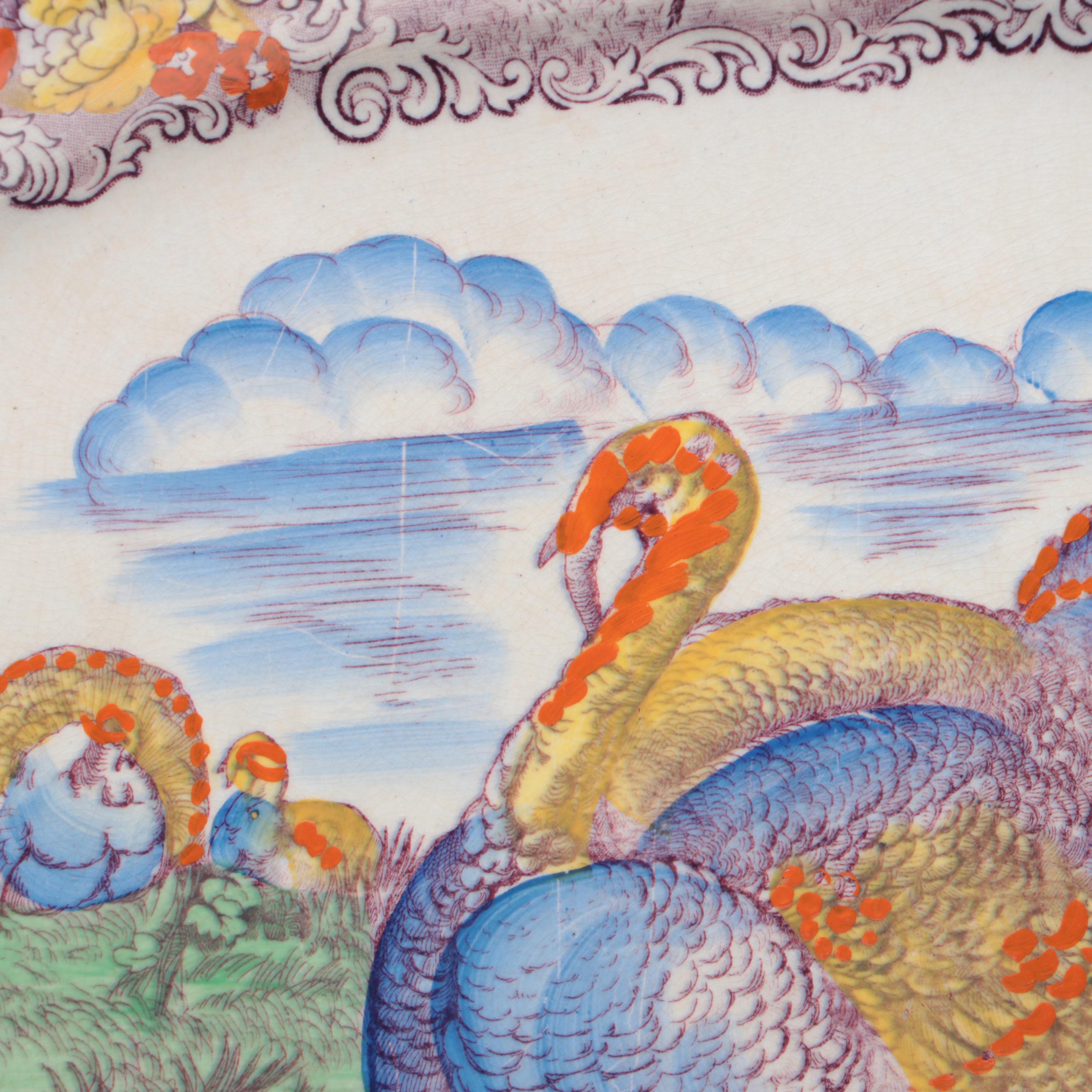 Staffordshire Polychrome Transferware Tom Turkey Platter and Plates