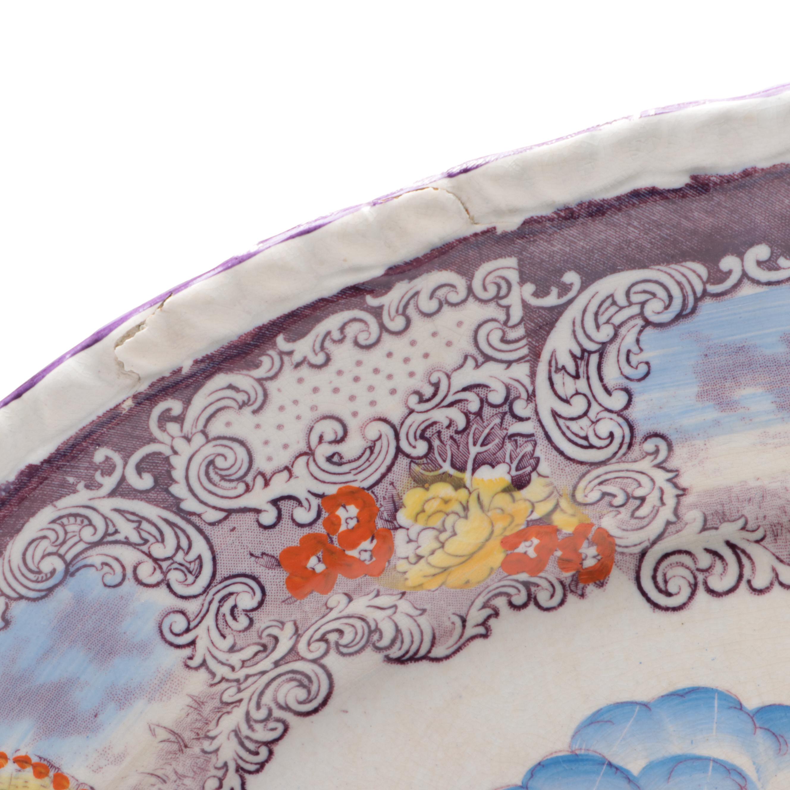 Staffordshire Polychrome Transferware Tom Turkey Platter and Plates