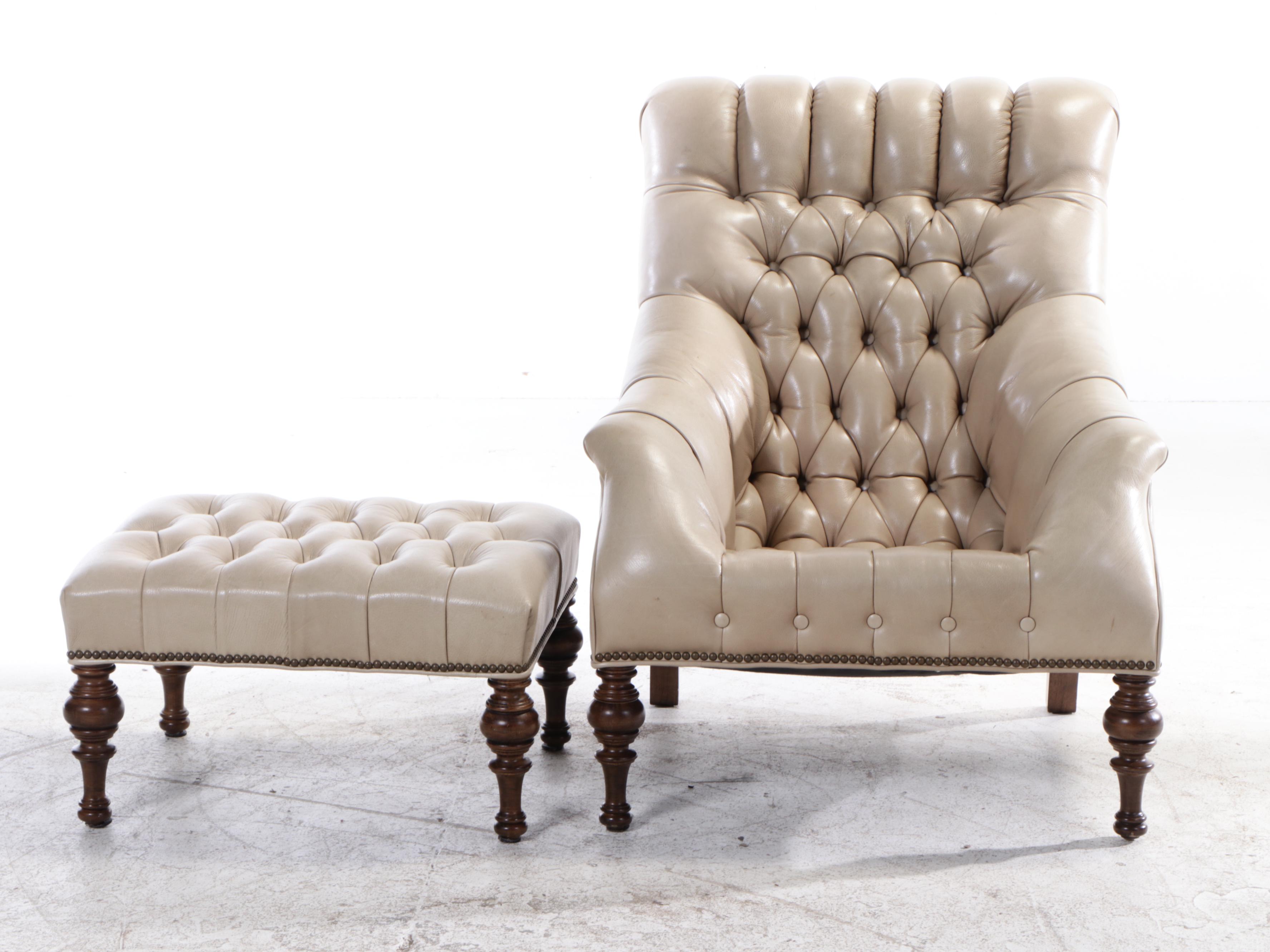 Buttoned-Down Leather Lounge Chair and Ottoman