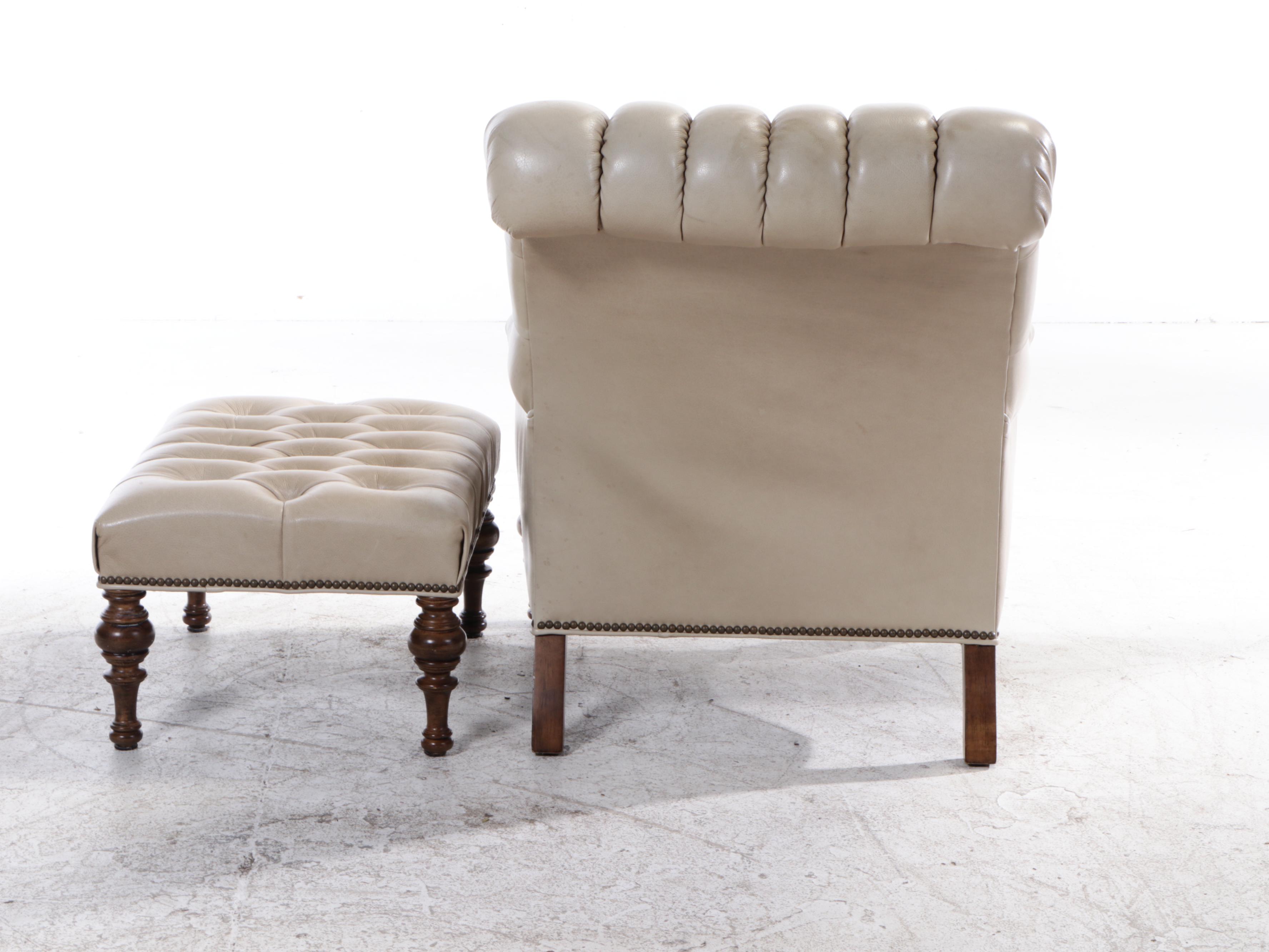 Buttoned-Down Leather Lounge Chair and Ottoman