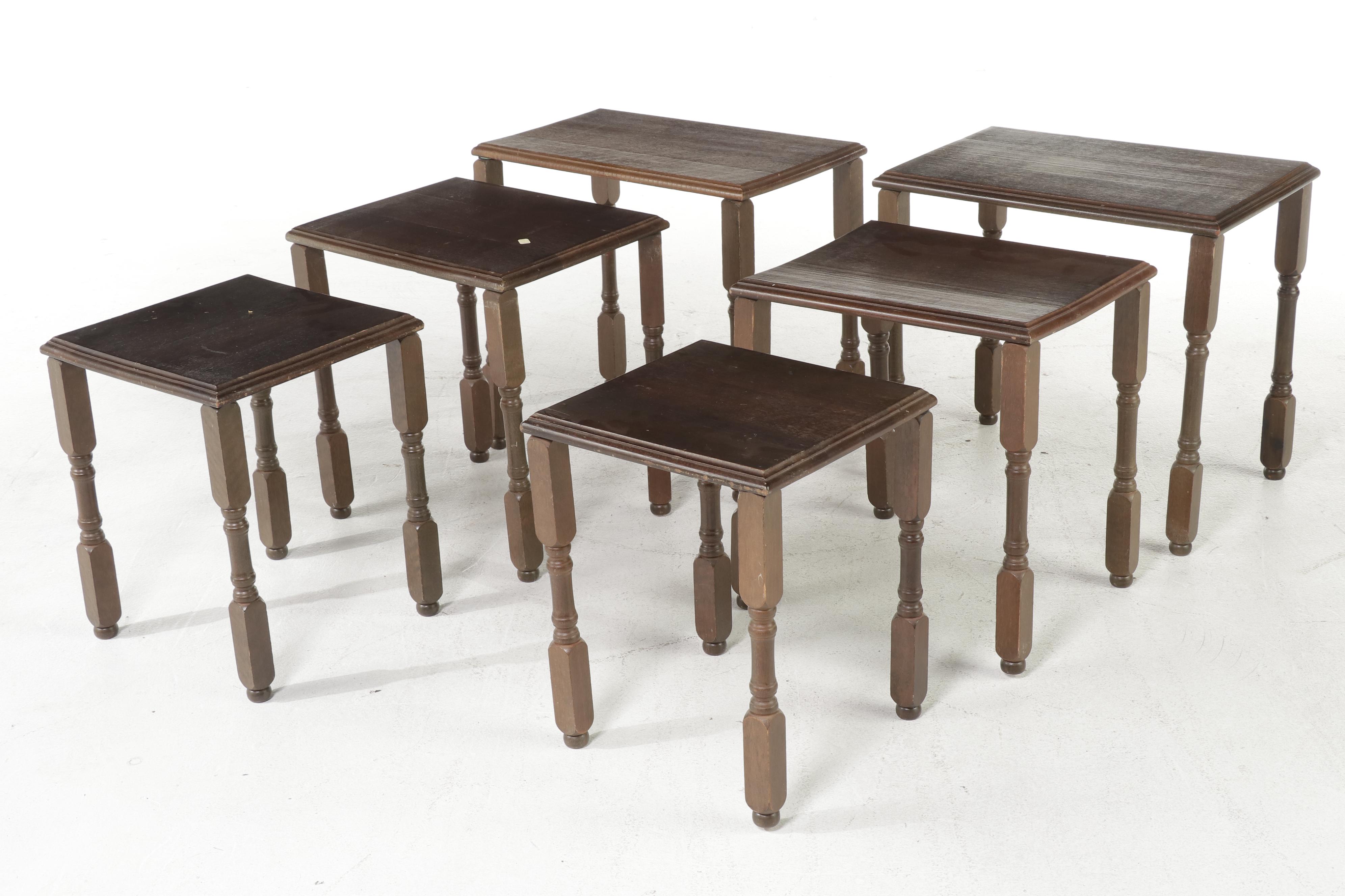 Two Sets of Three Colonial Style Walnut Nesting Tables, 20th Century