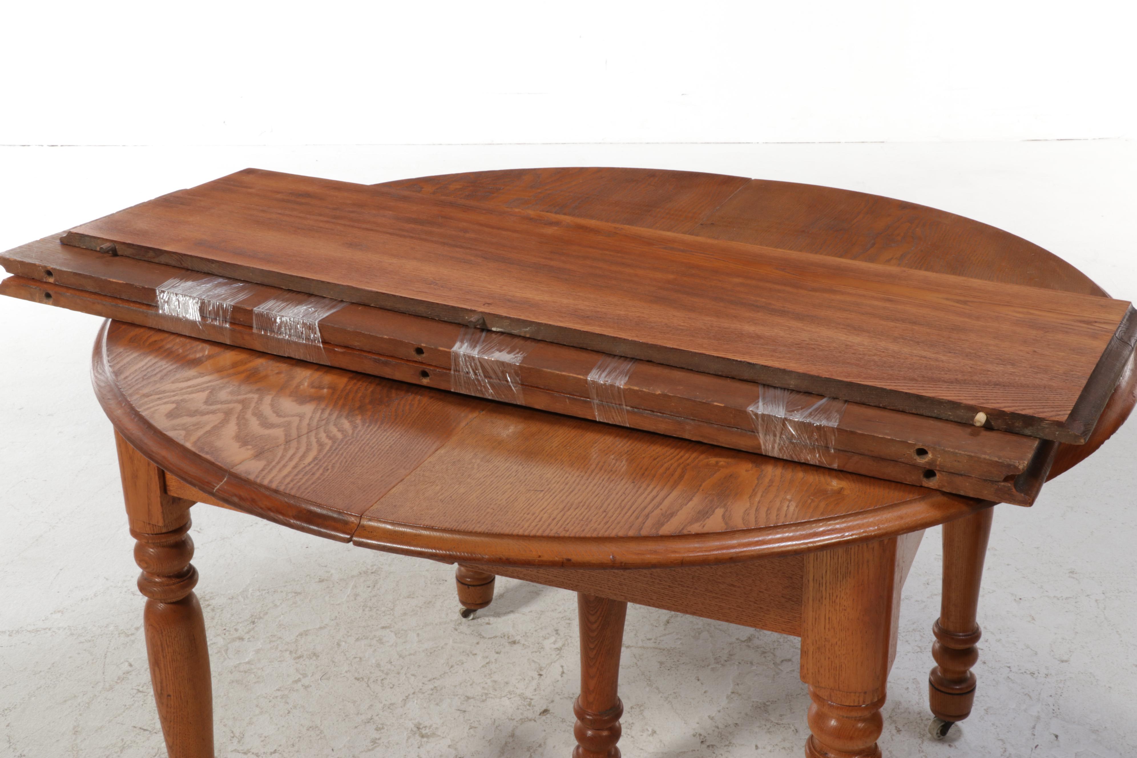 Victorian Style Oak Press-Carved Back Dining Chairs with Oak Extension Table