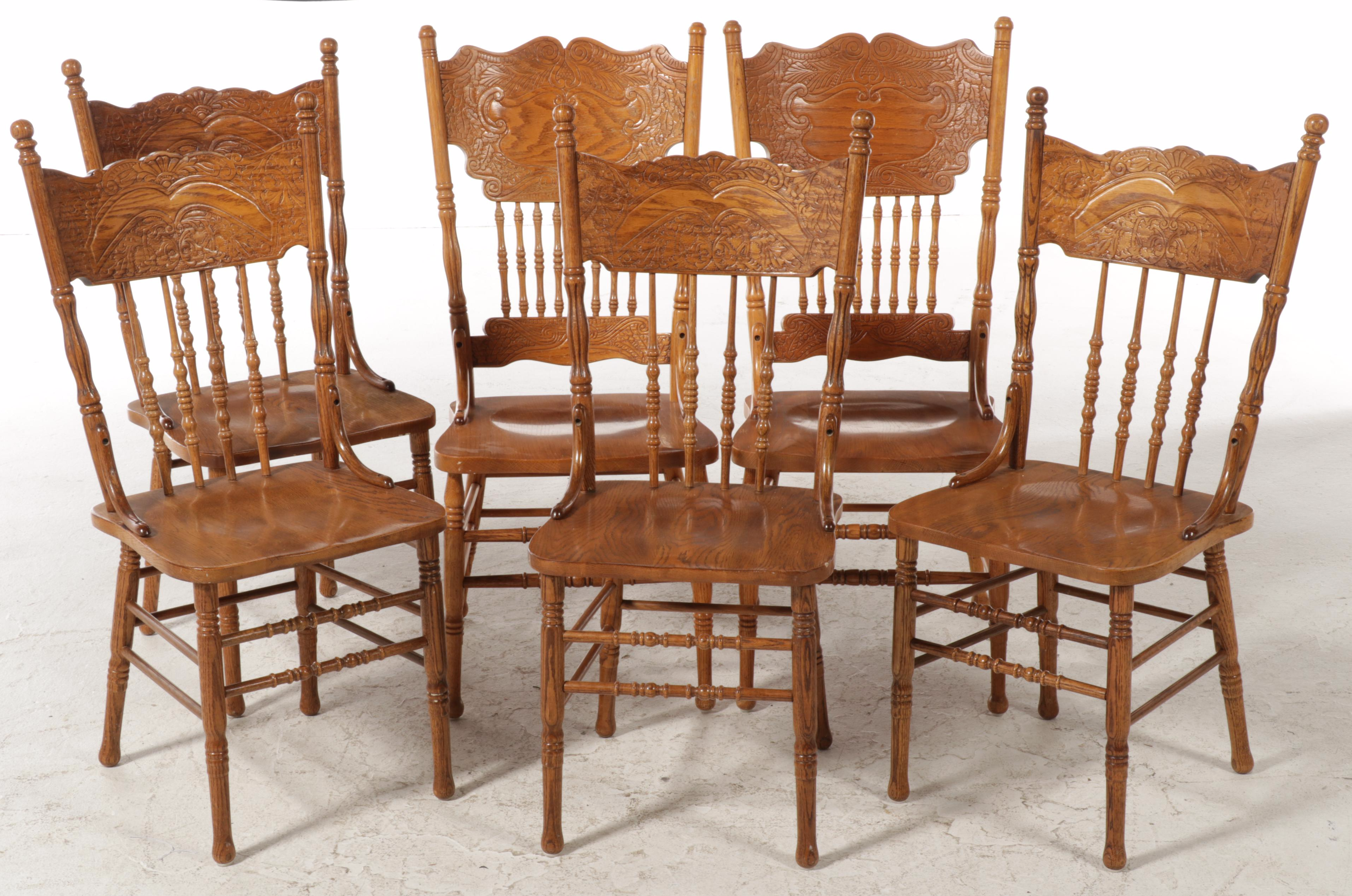 Victorian Style Oak Press-Carved Back Dining Chairs with Oak Extension Table