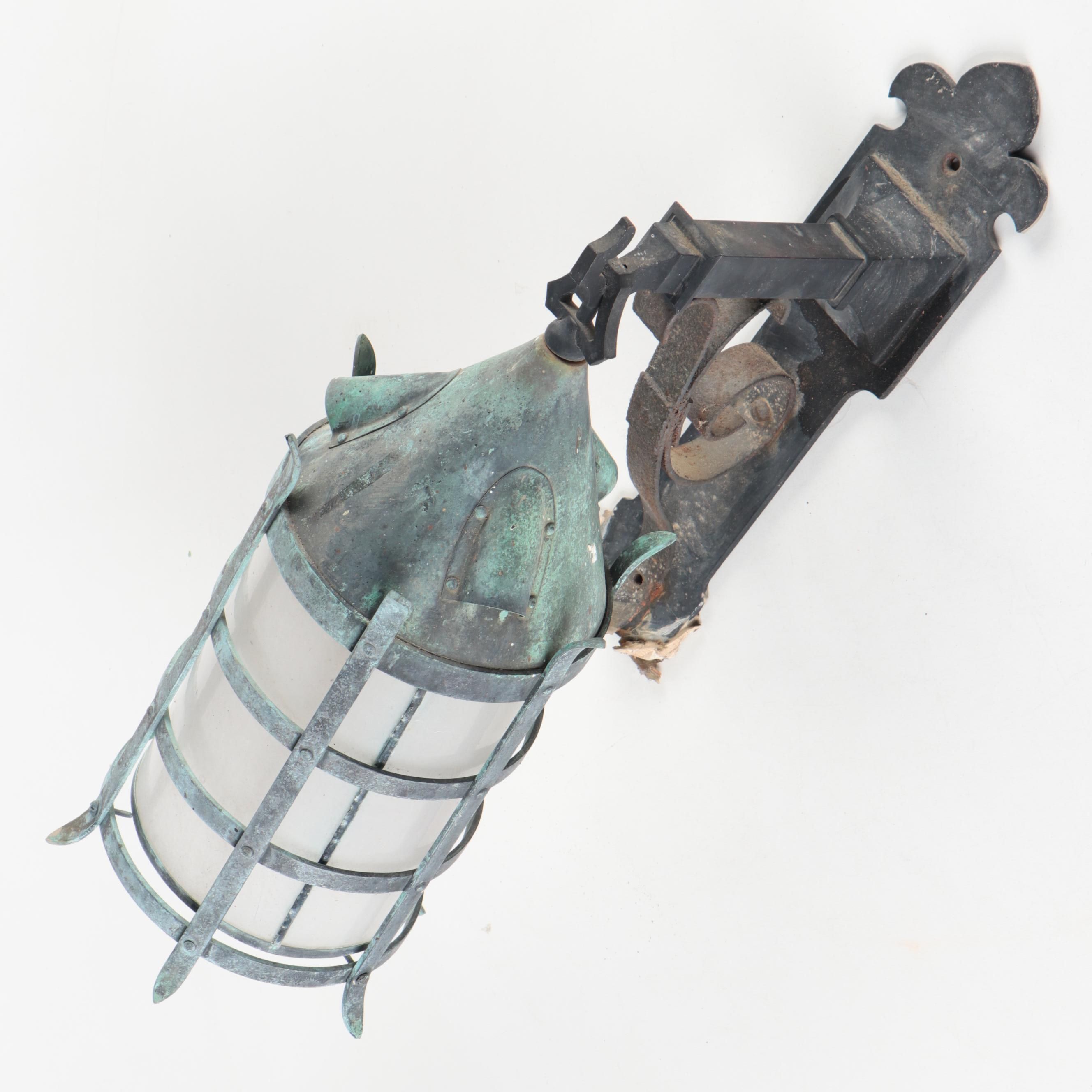 Gothic Revival Metal and Satin Glass Wall Lantern Sconce