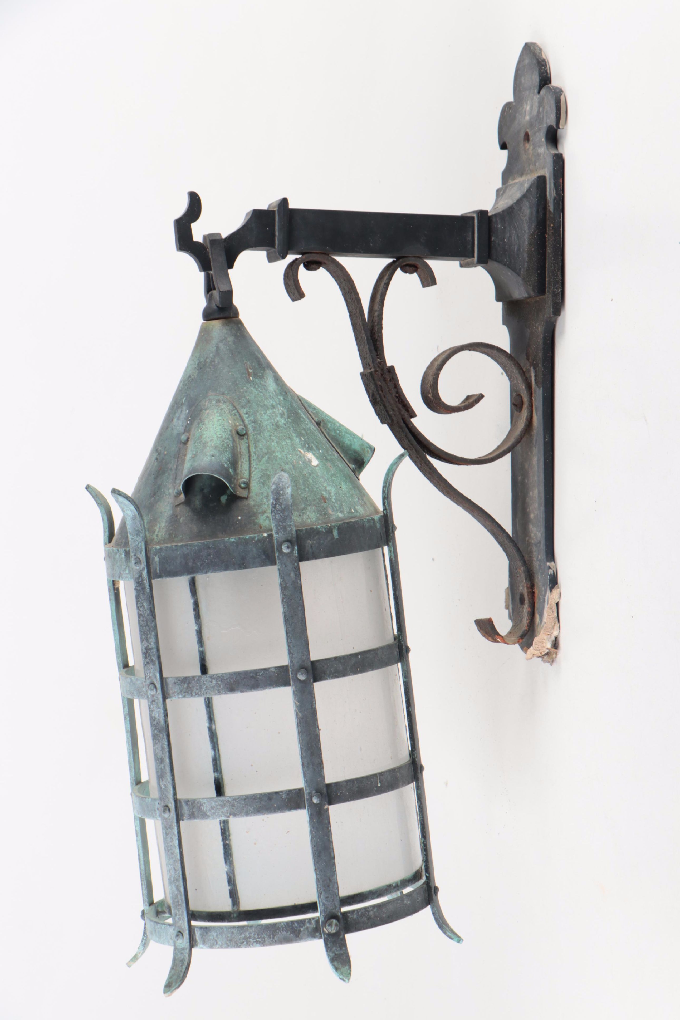 Gothic Revival Metal and Satin Glass Wall Lantern Sconce
