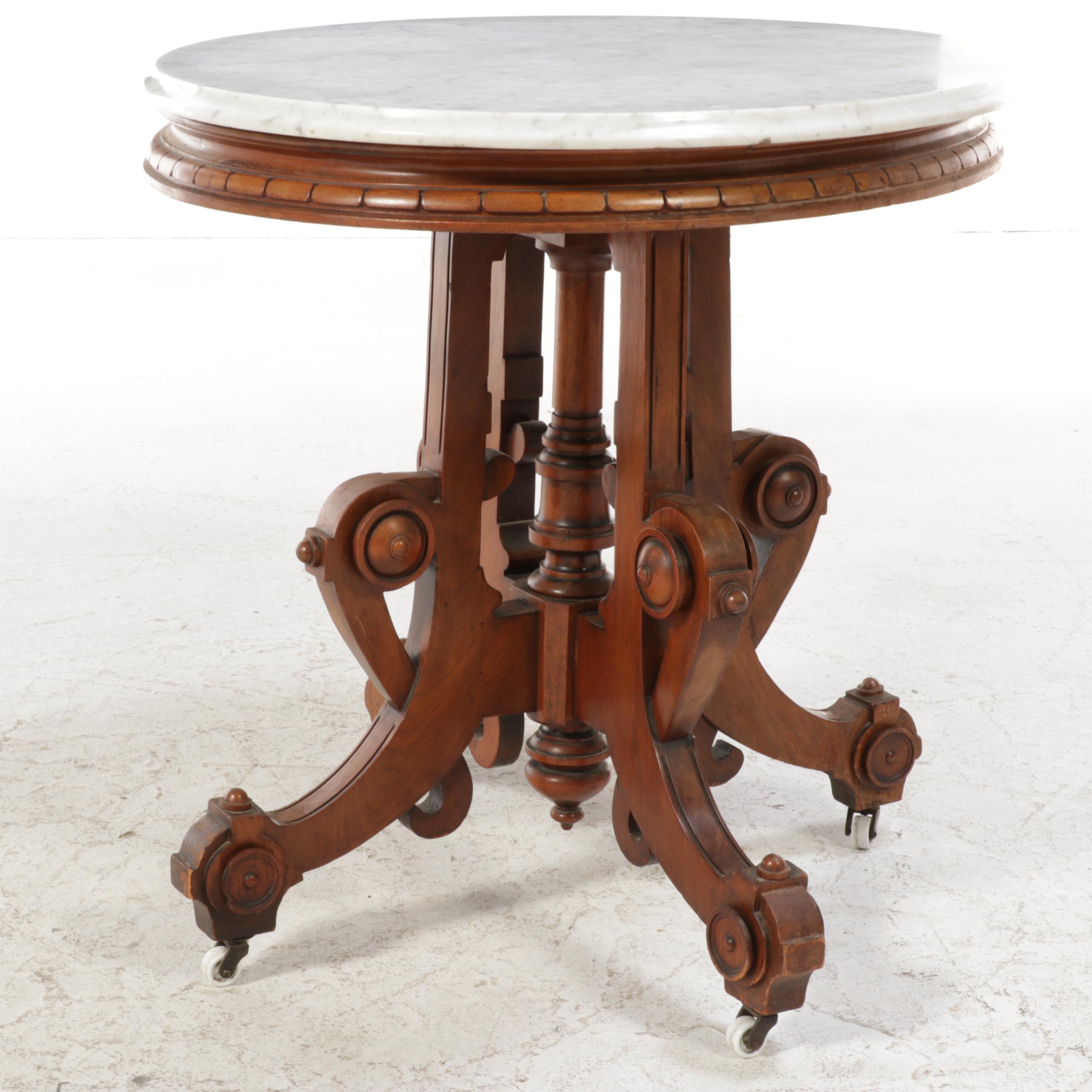 American Renaissance Revival Walnut and White Marble Parlor Table, circa 1870
