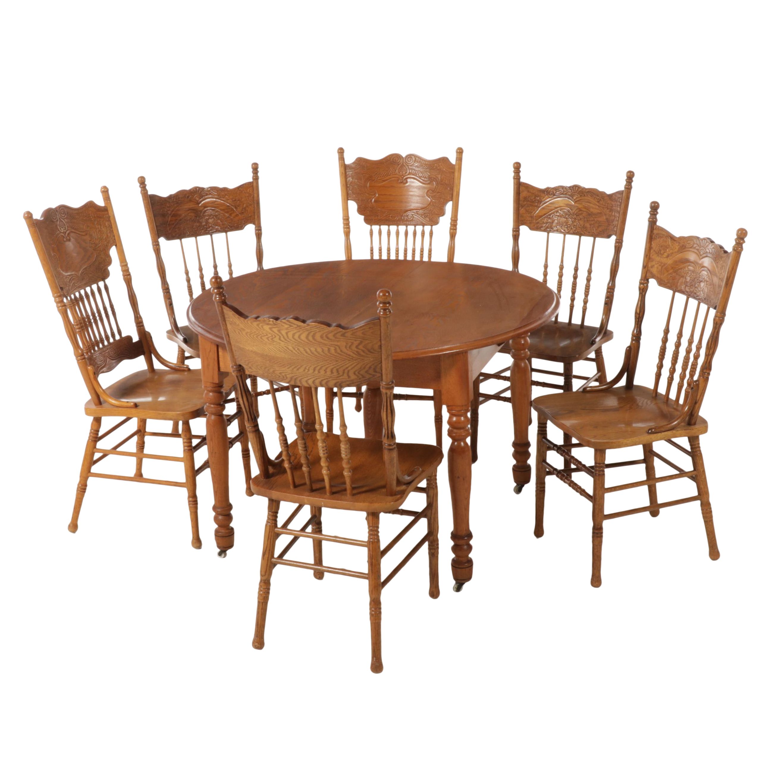 Victorian Style Oak Press-Carved Back Dining Chairs with Oak Extension Table