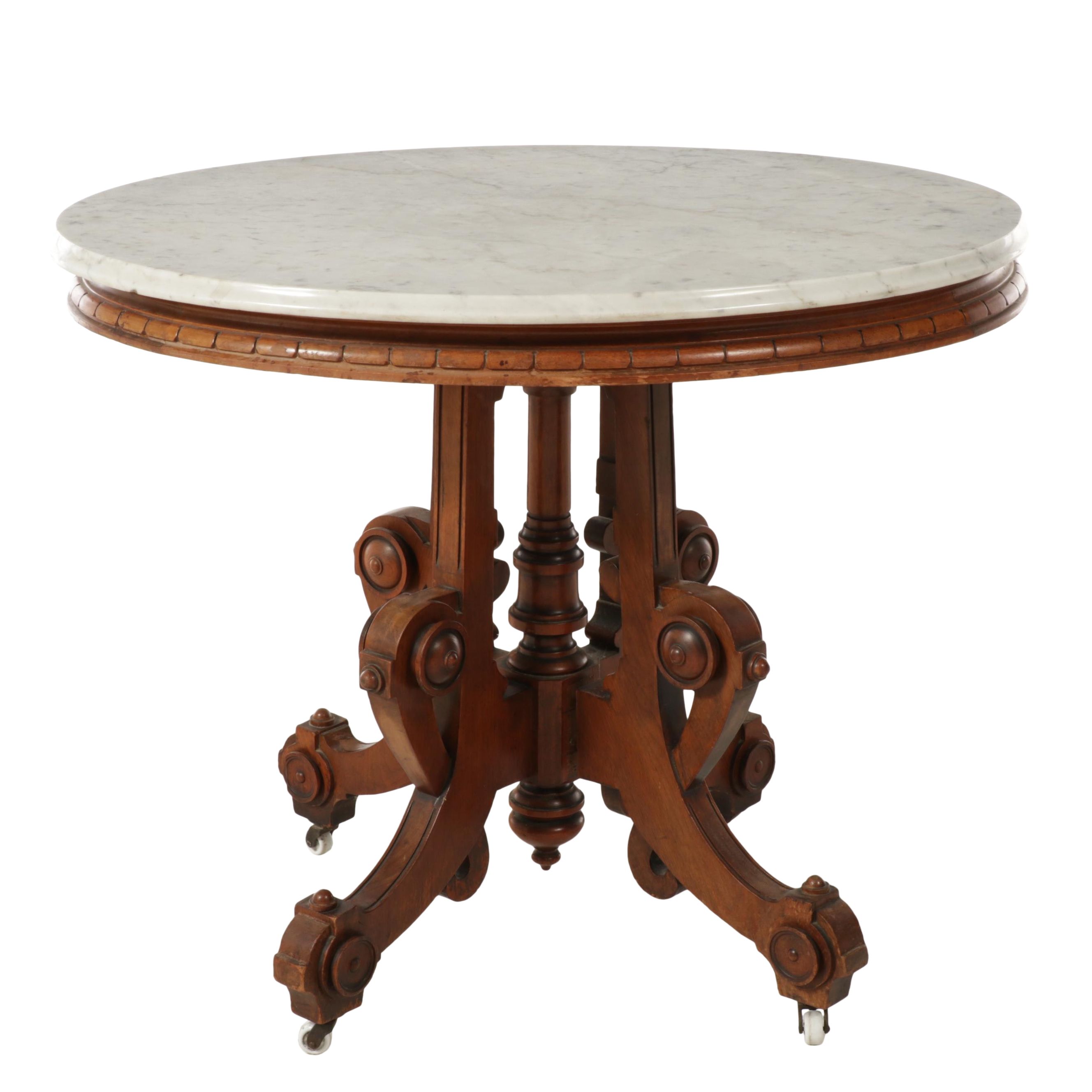 American Renaissance Revival Walnut and White Marble Parlor Table, circa 1870