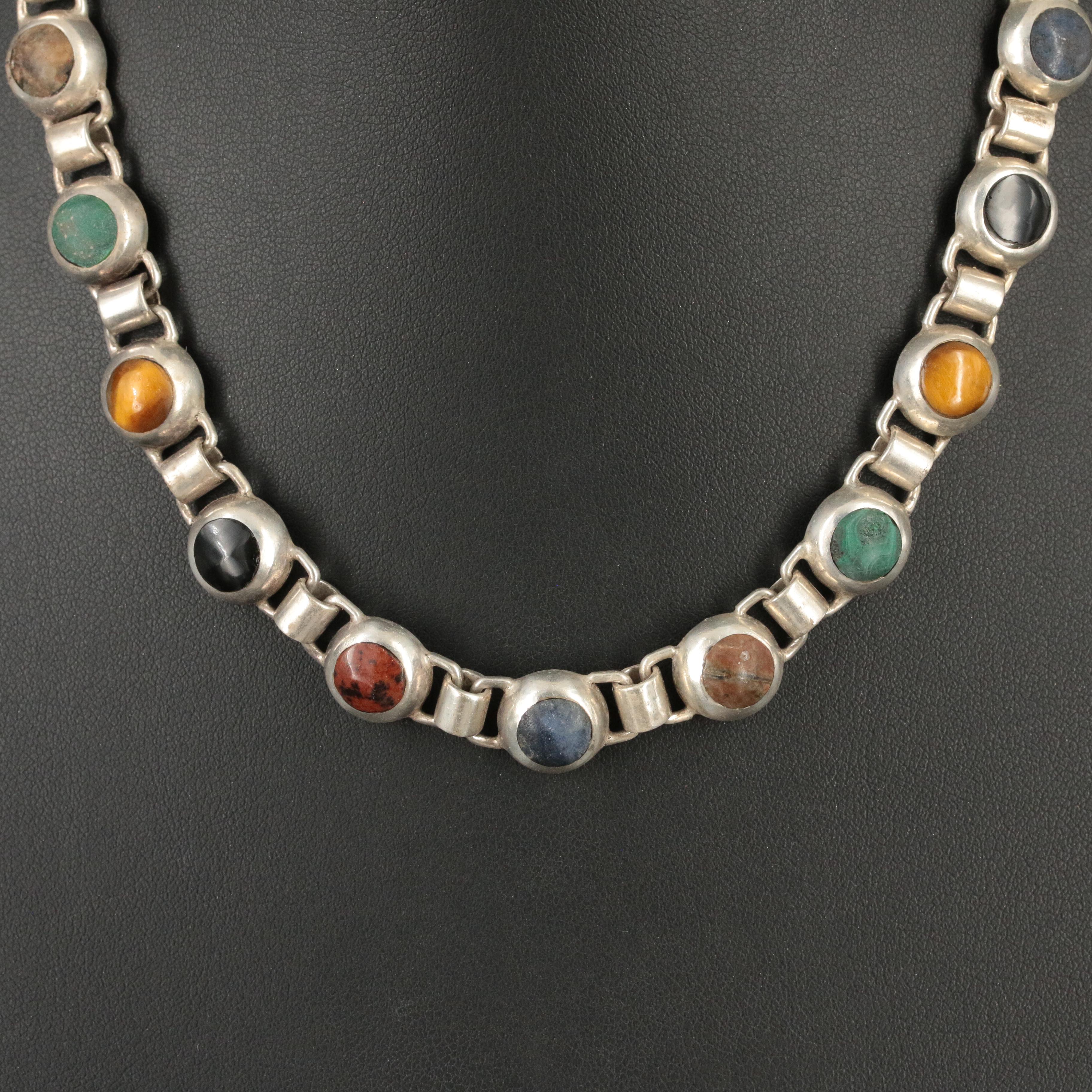 Mexican 950 Silver Necklace Including Malachite, Tiger's-Eye Quartz and Sodalite