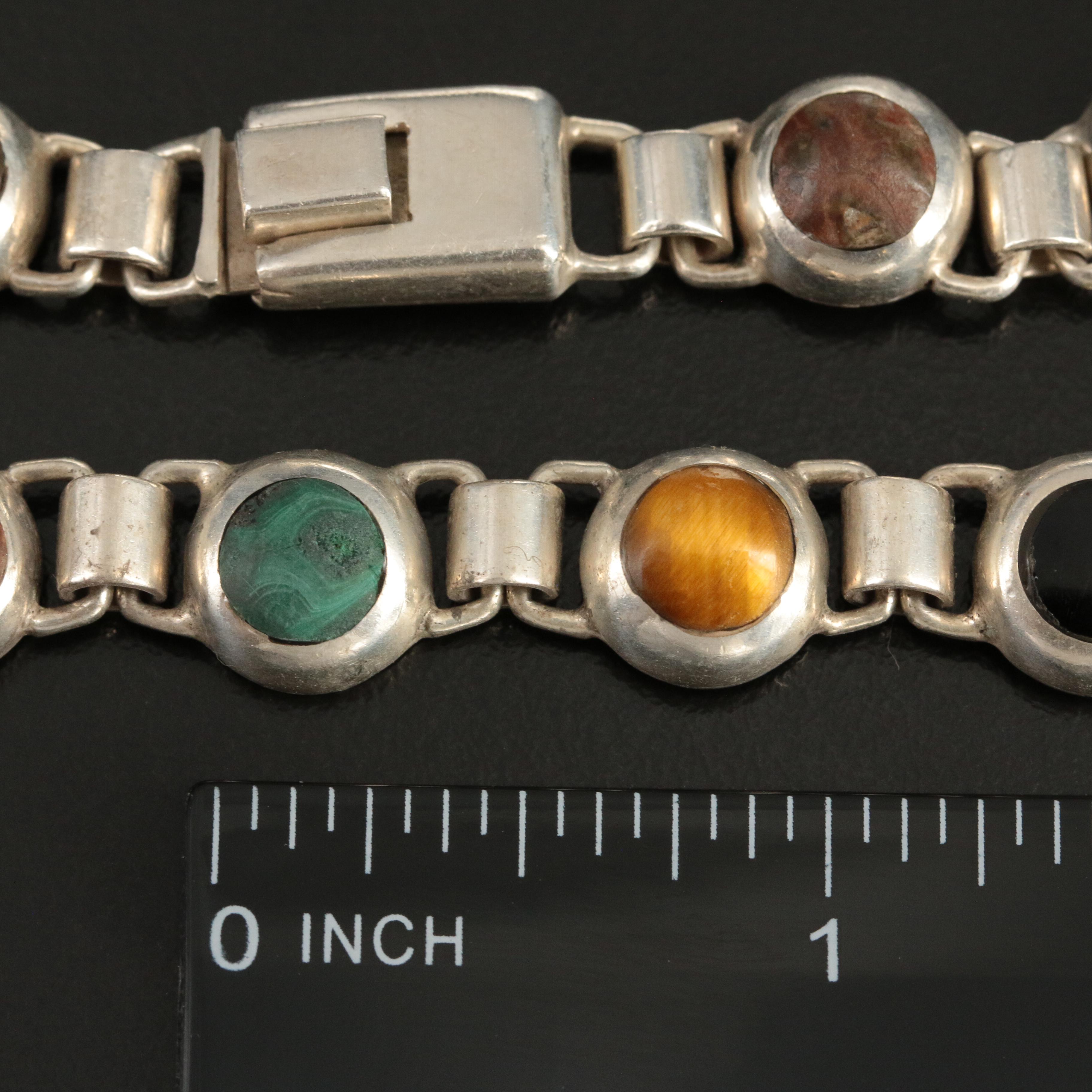 Mexican 950 Silver Necklace Including Malachite, Tiger's-Eye Quartz and Sodalite