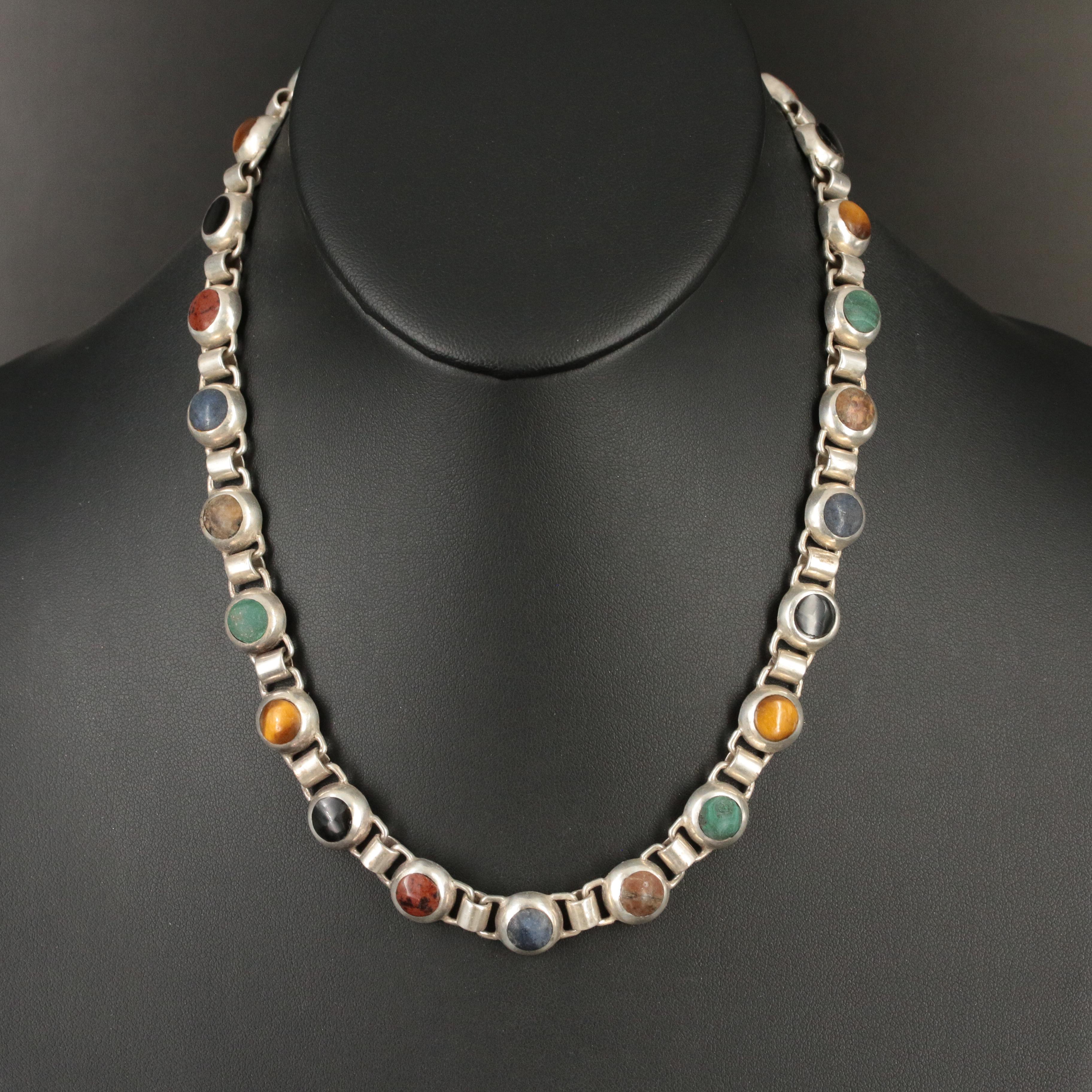 Mexican 950 Silver Necklace Including Malachite, Tiger's-Eye Quartz and Sodalite
