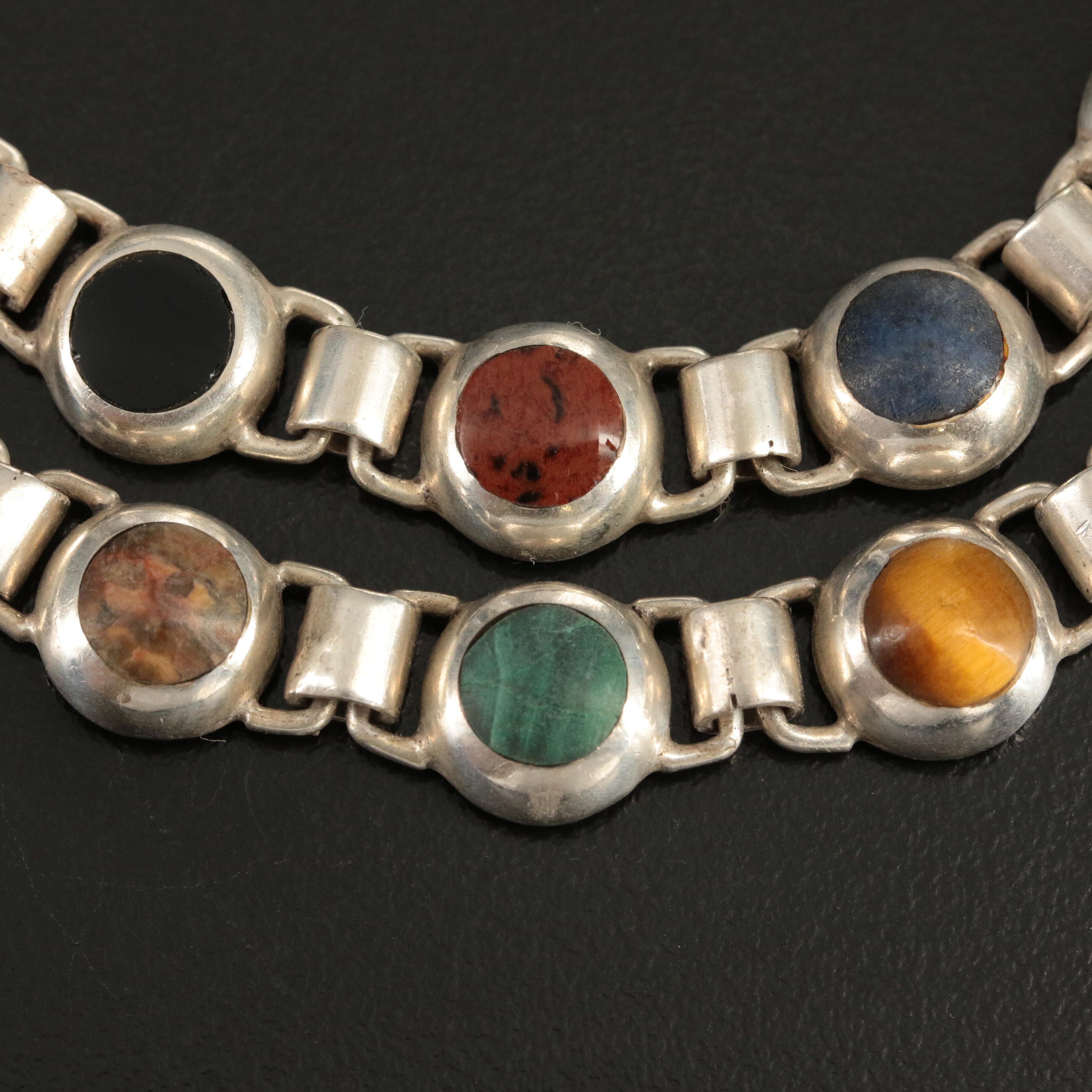 Mexican 950 Silver Necklace Including Malachite, Tiger's-Eye Quartz and Sodalite
