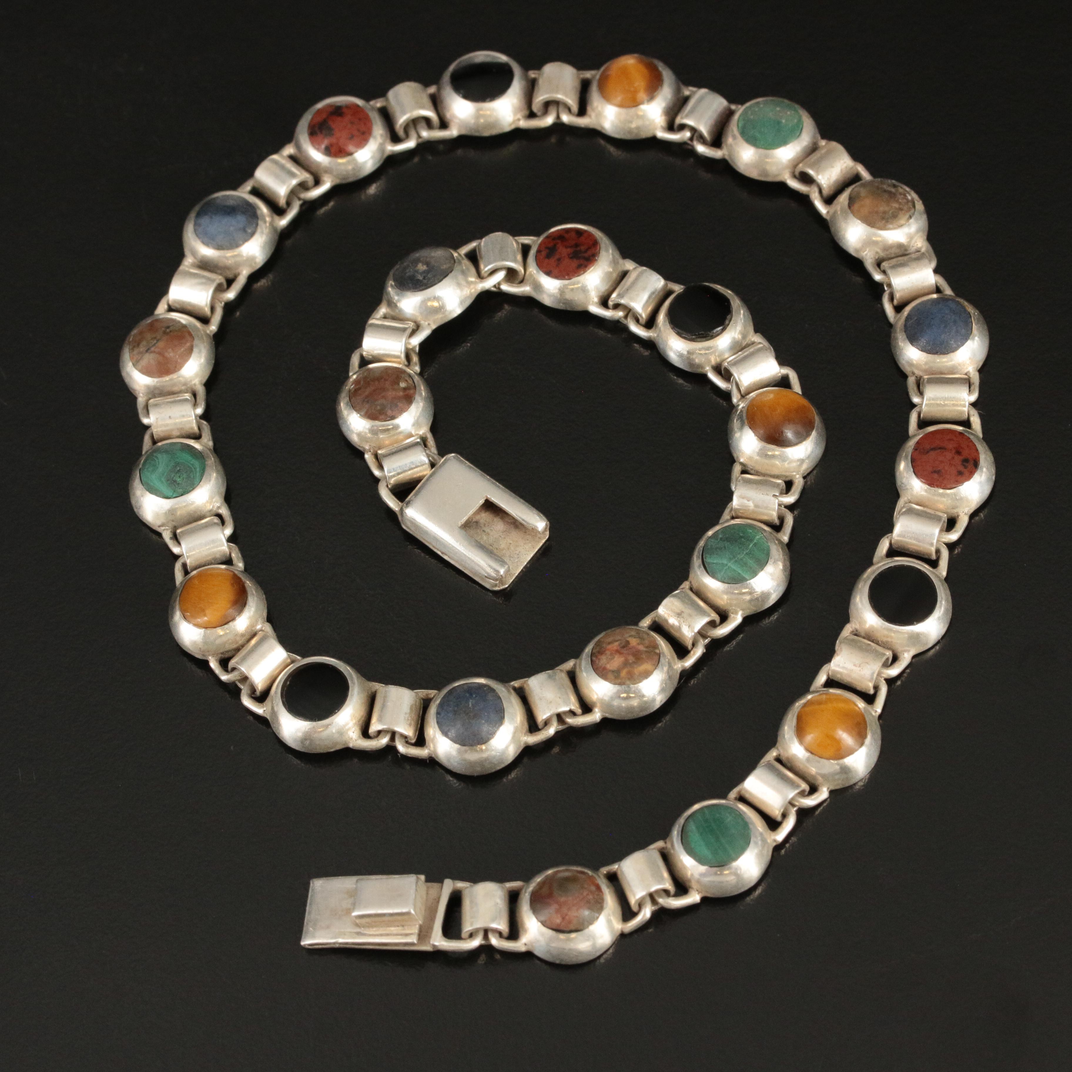 Mexican 950 Silver Necklace Including Malachite, Tiger's-Eye Quartz and Sodalite