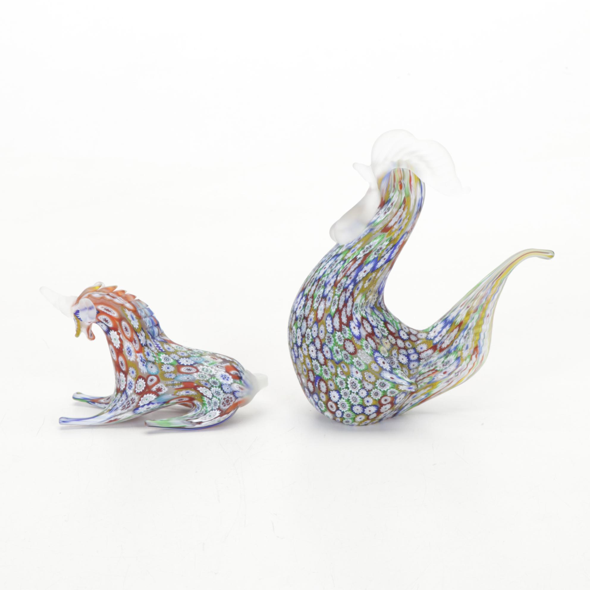 Italian Millefiori Studio Art Glass Animal Figurines