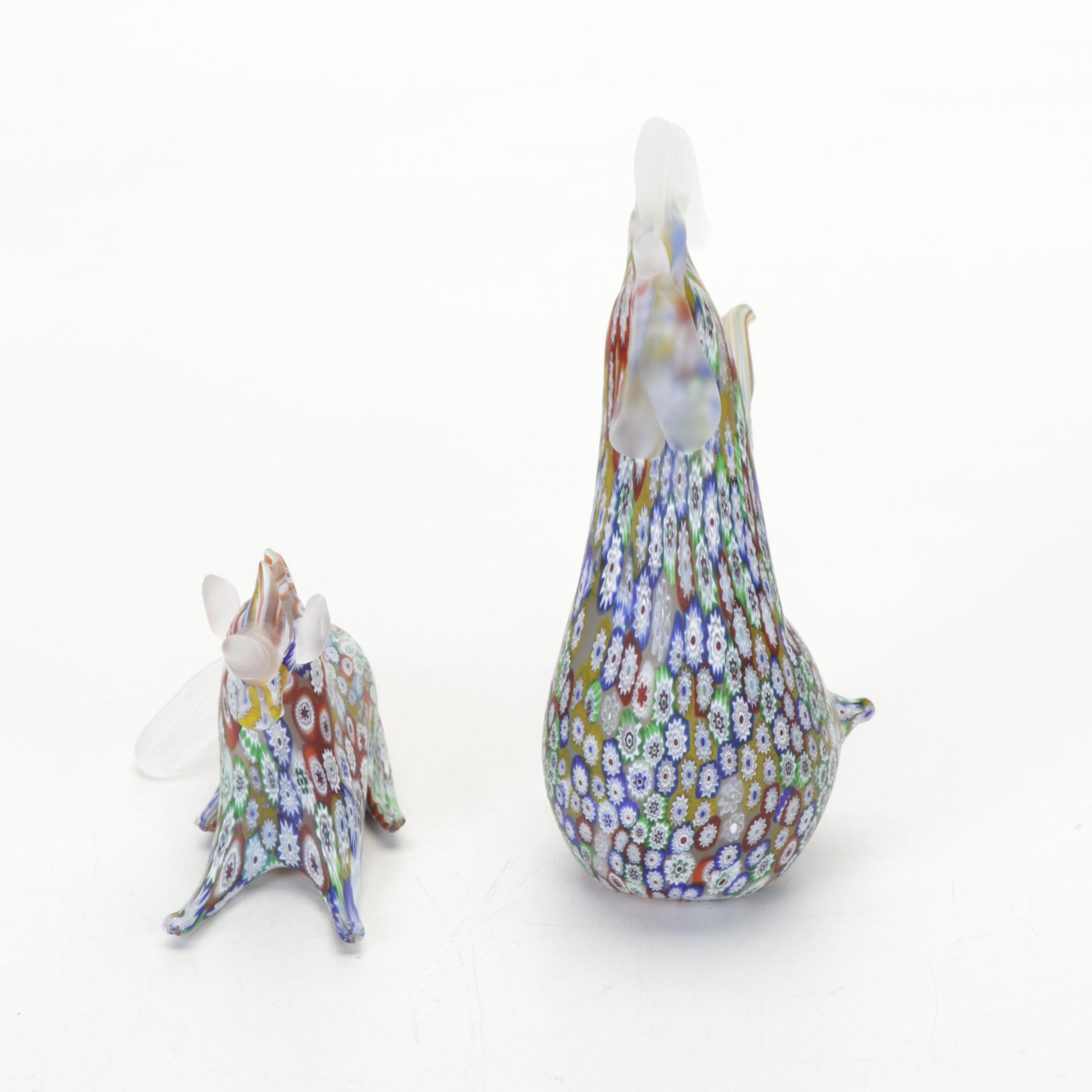 Italian Millefiori Studio Art Glass Animal Figurines