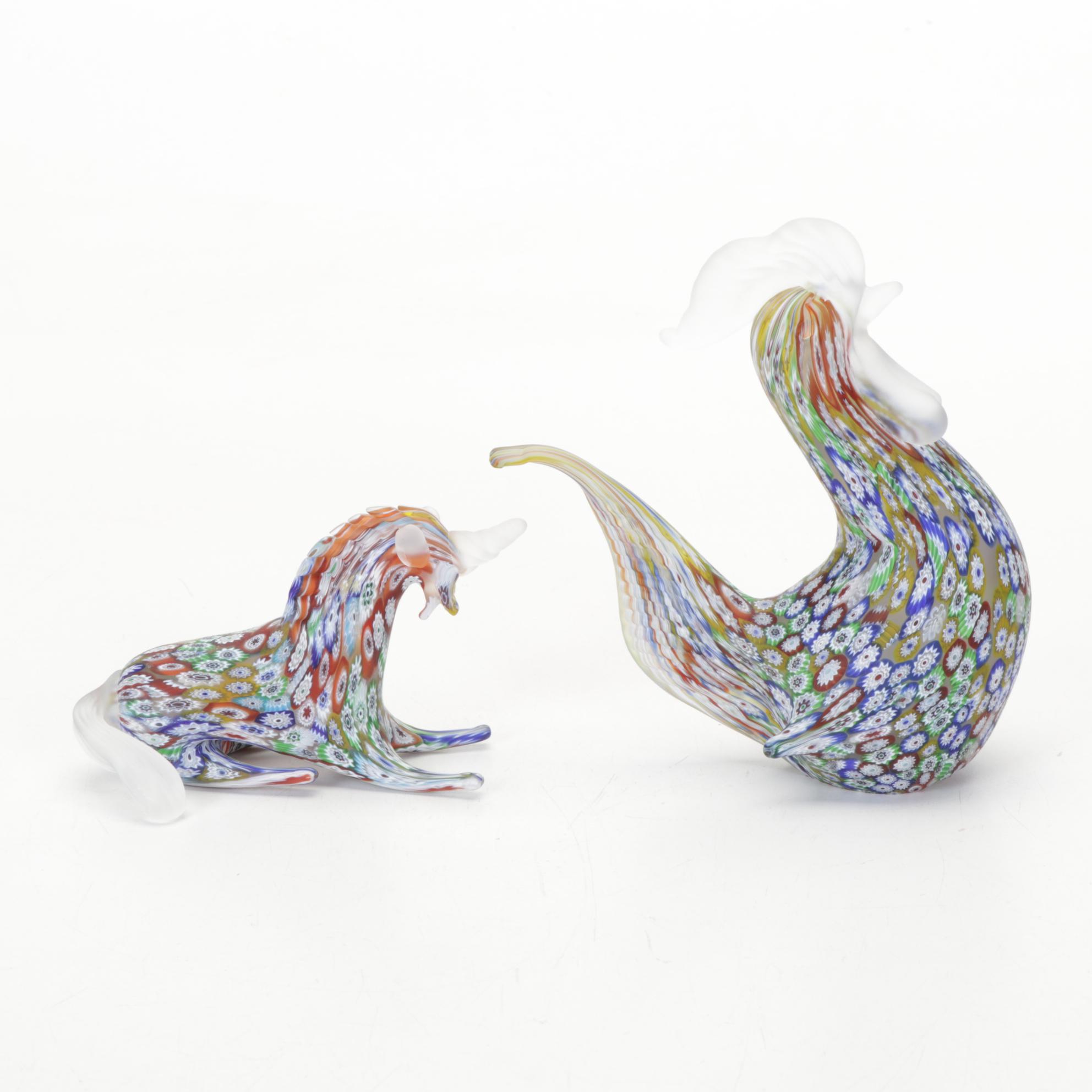 Italian Millefiori Studio Art Glass Animal Figurines