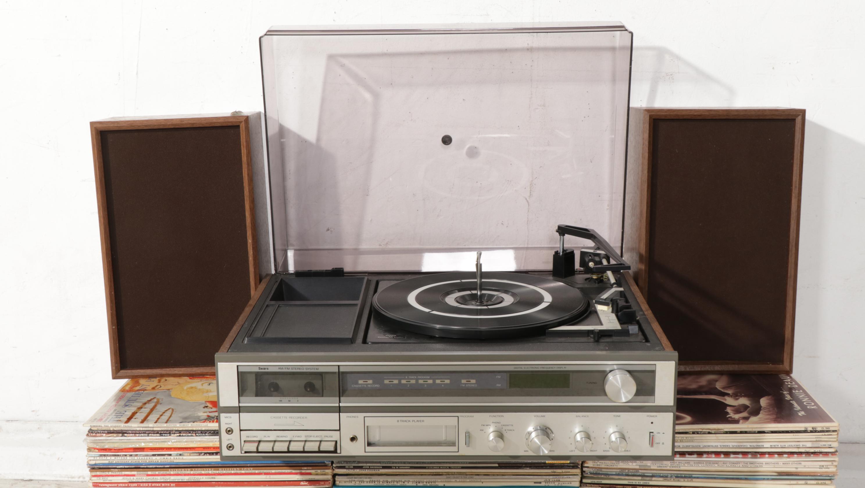 Sears Turntable With Speakers, Soundtrack and Vocal LP and Singles Vinyl Records