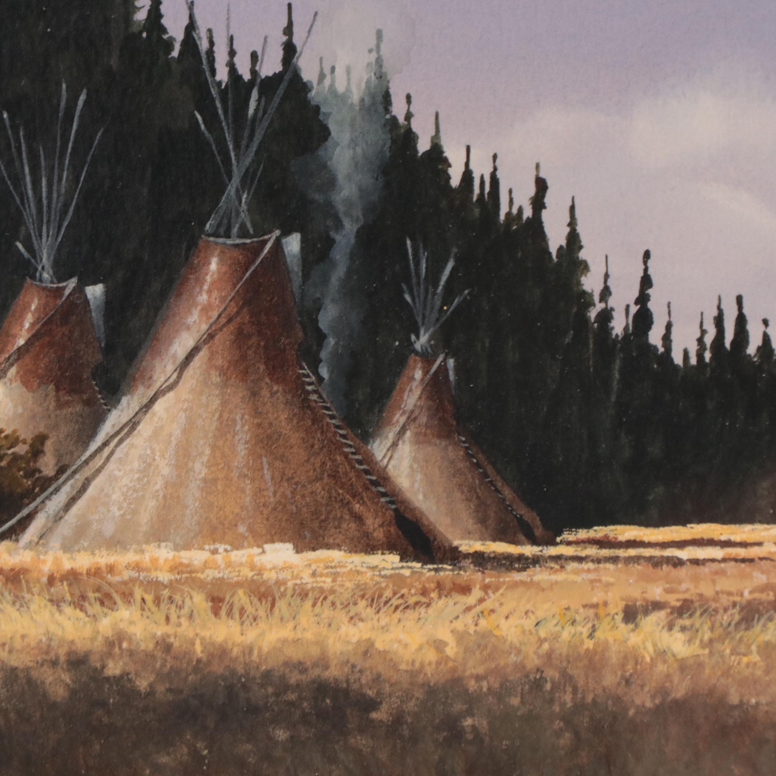 Garnet Buster Native American Encampment Landscape Watercolor Painting, 1980