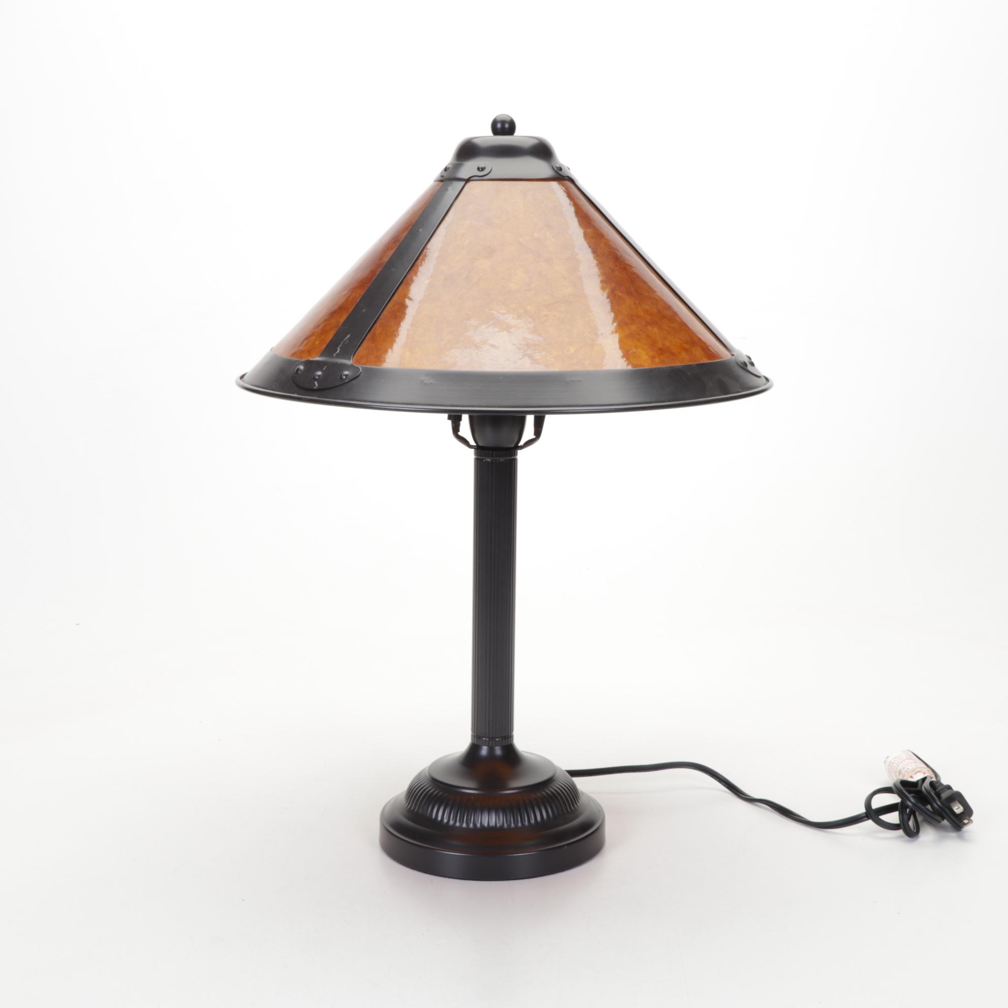 Ribbed Metal Table Lamp with Mica Shade and Pair of Brass Candle Sconces