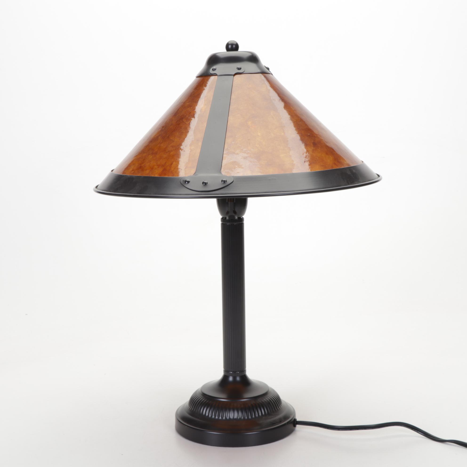Ribbed Metal Table Lamp with Mica Shade and Pair of Brass Candle Sconces