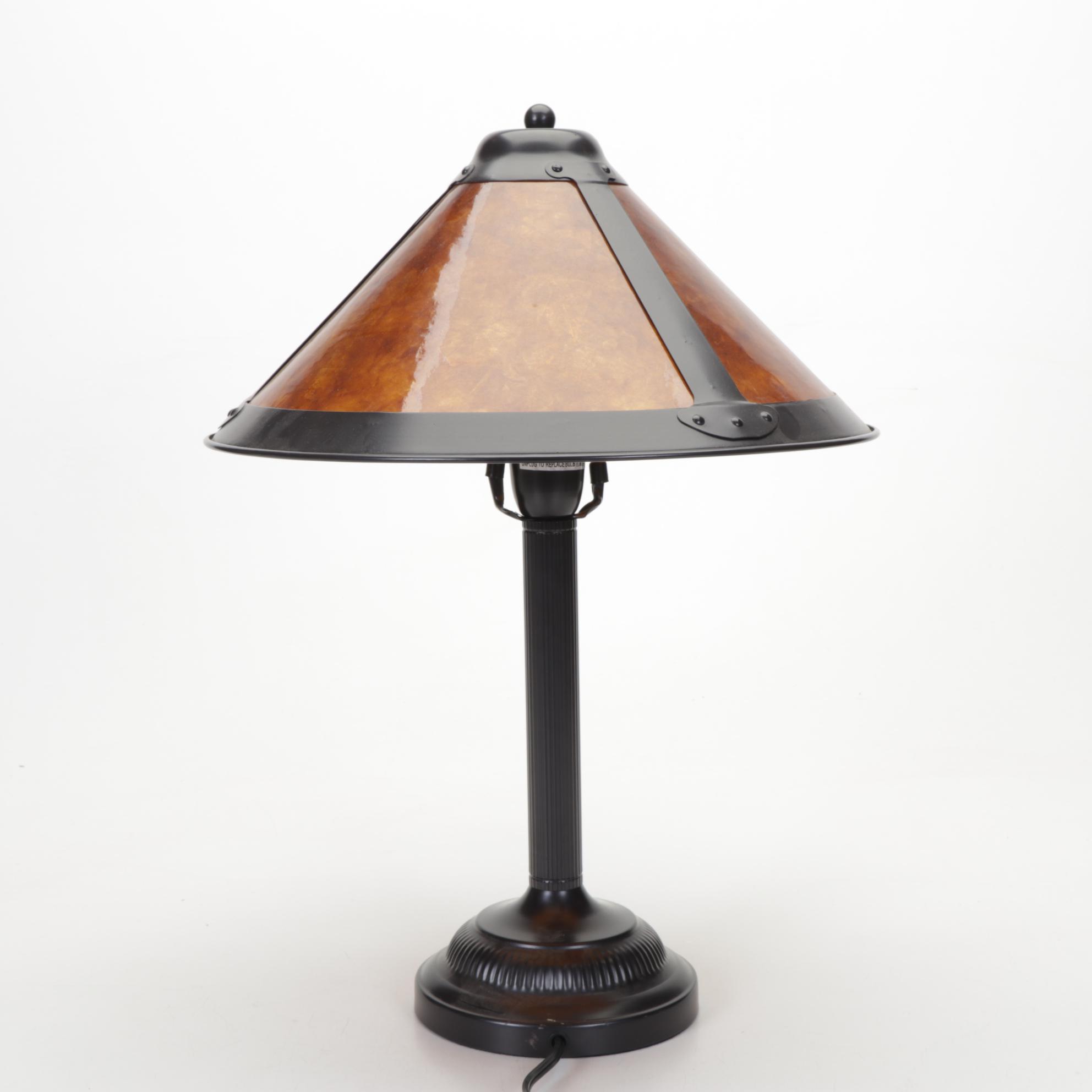 Ribbed Metal Table Lamp with Mica Shade and Pair of Brass Candle Sconces