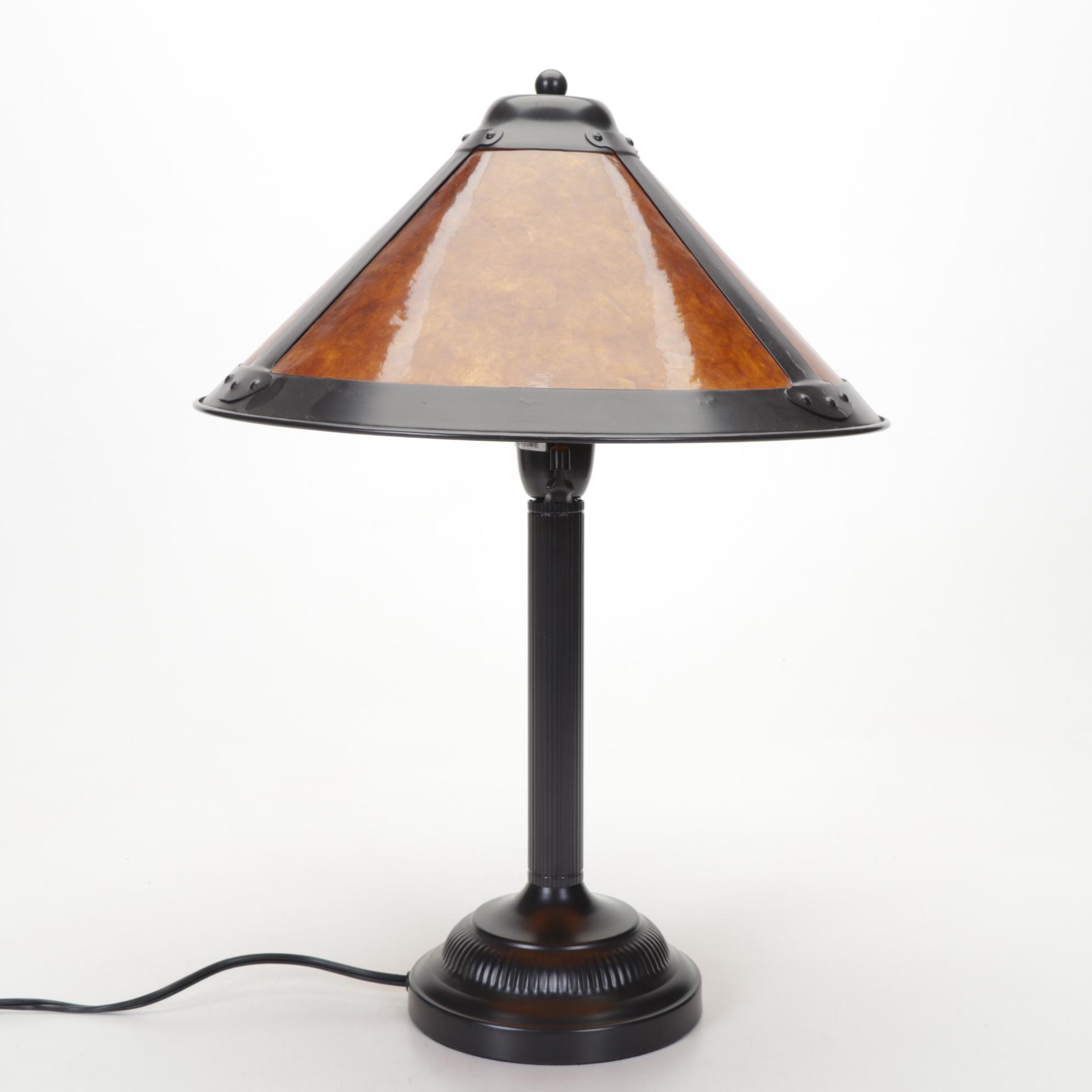 Ribbed Metal Table Lamp with Mica Shade and Pair of Brass Candle Sconces