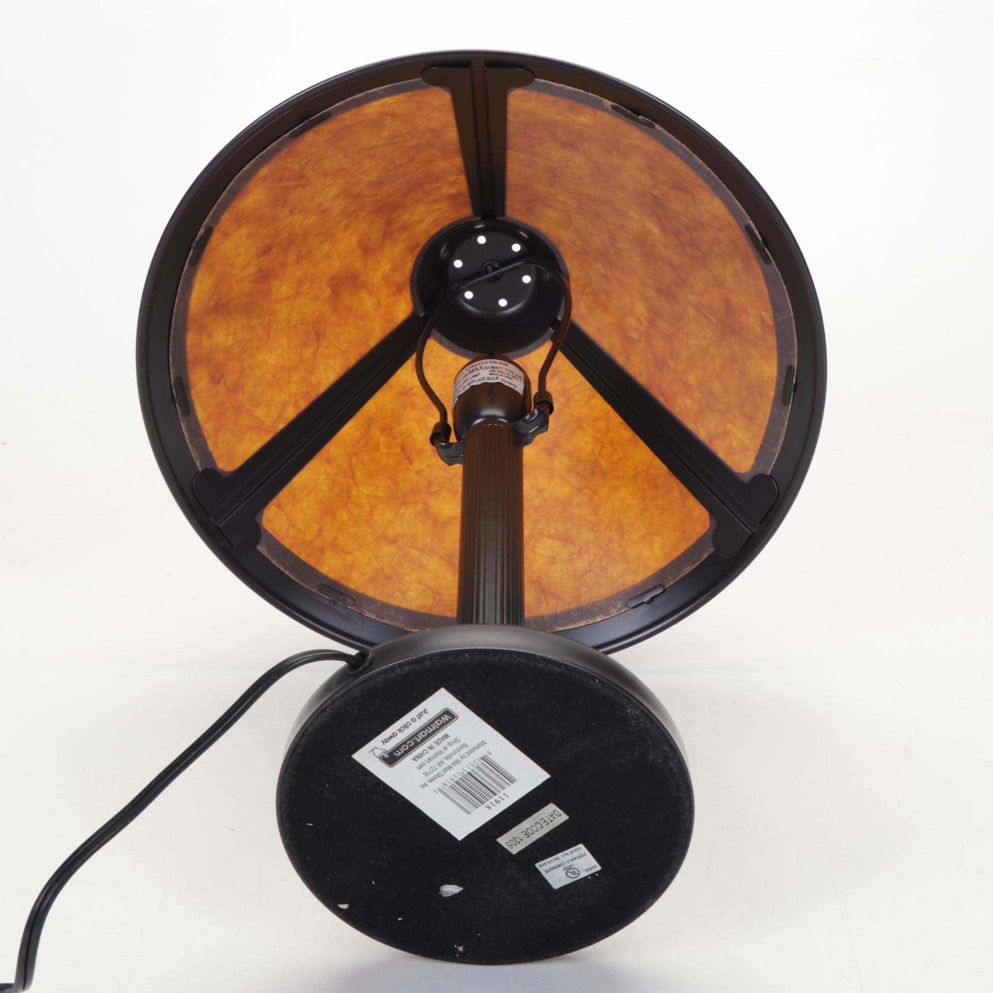 Ribbed Metal Table Lamp with Mica Shade and Pair of Brass Candle Sconces