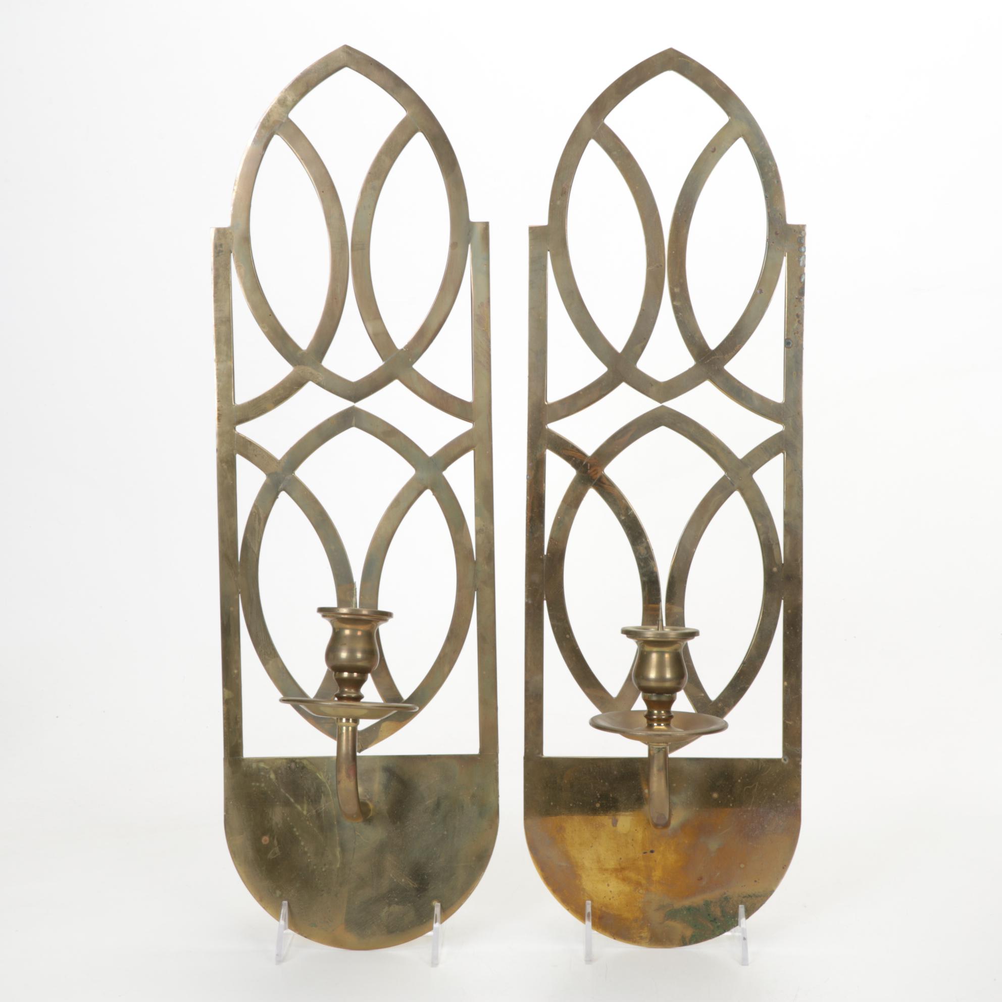 Ribbed Metal Table Lamp with Mica Shade and Pair of Brass Candle Sconces