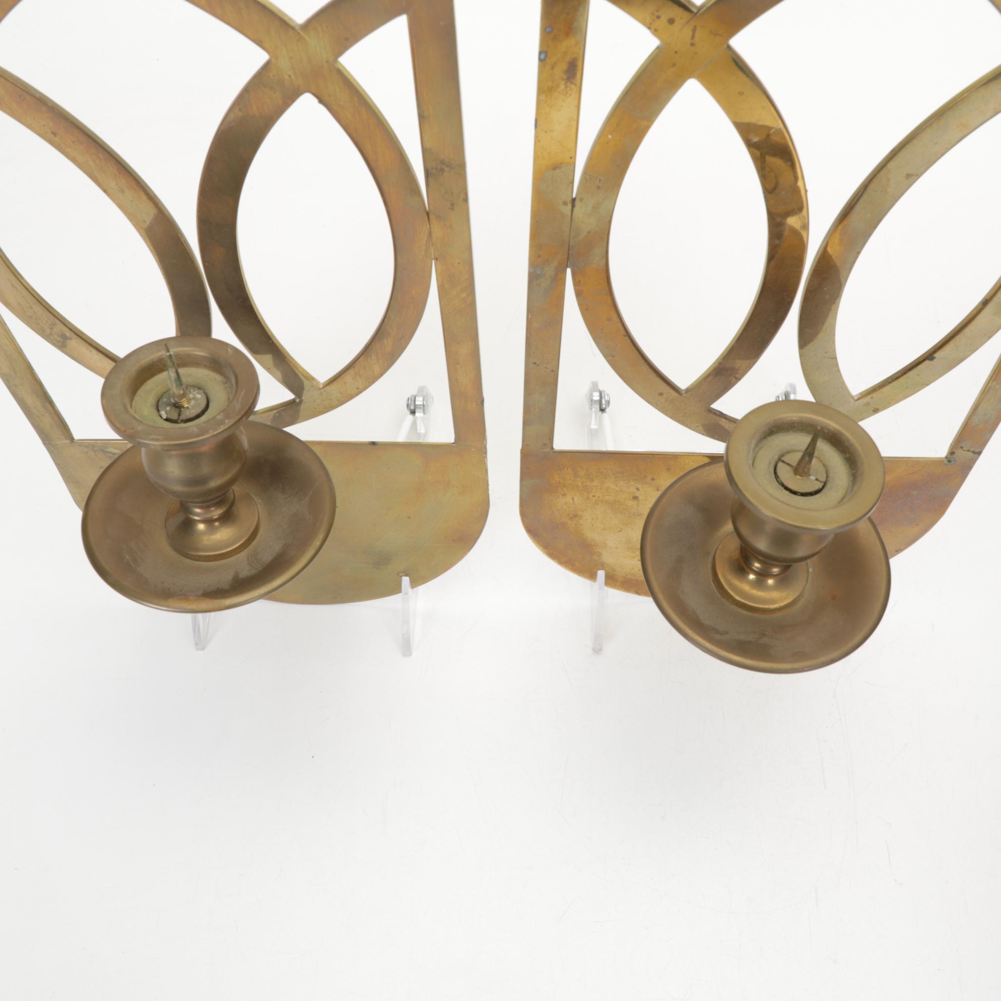 Ribbed Metal Table Lamp with Mica Shade and Pair of Brass Candle Sconces