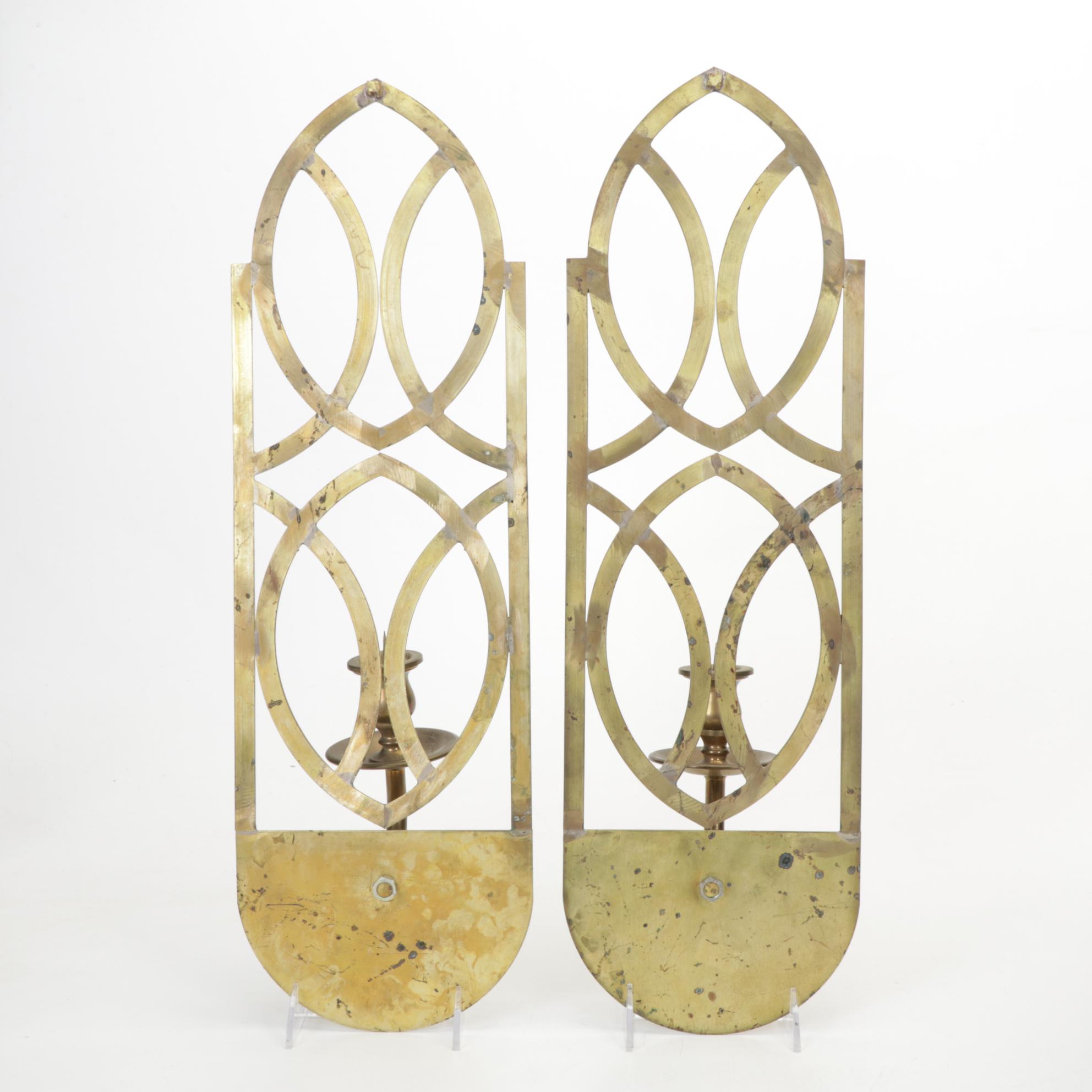 Ribbed Metal Table Lamp with Mica Shade and Pair of Brass Candle Sconces