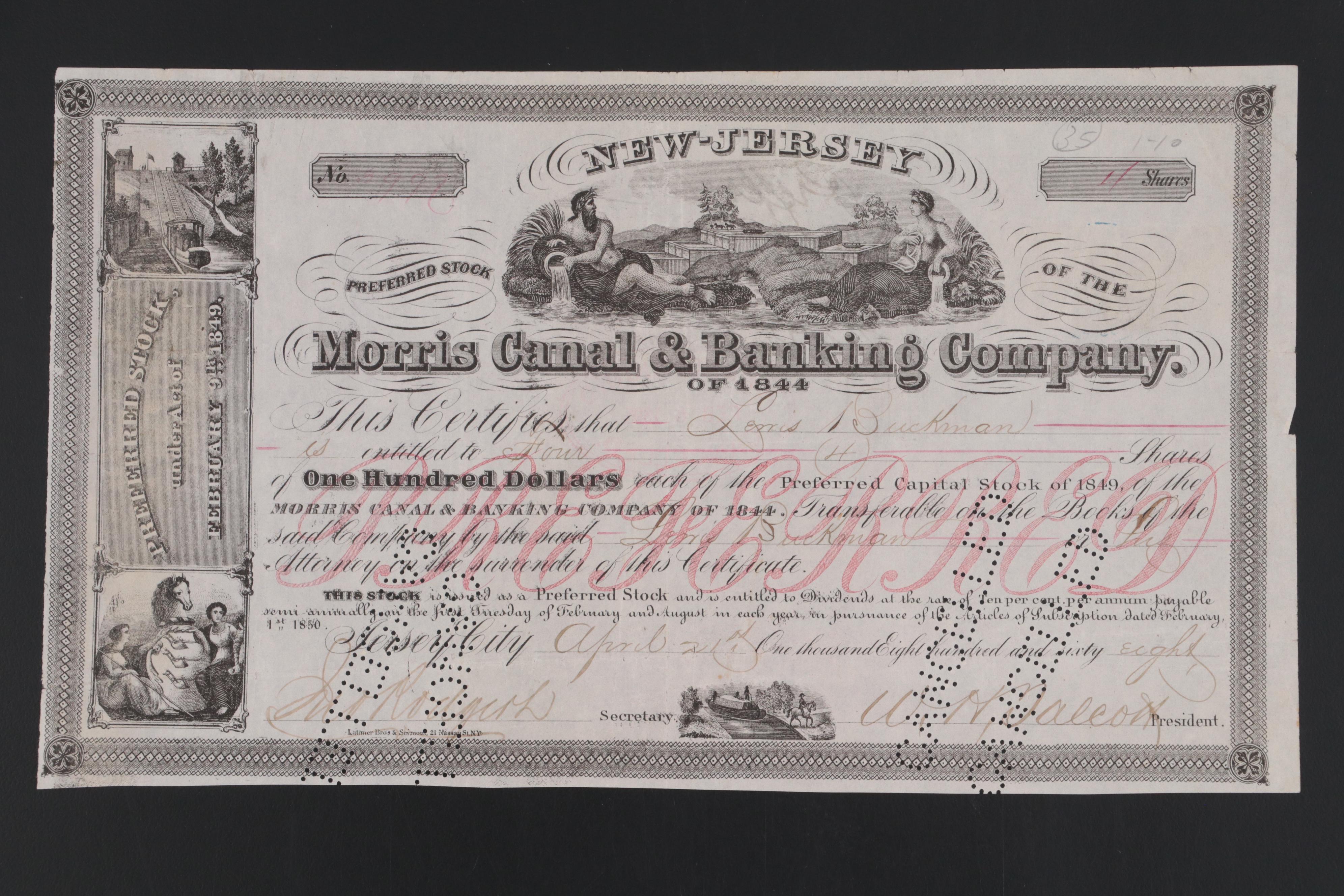 1841 Morris Canal & Banking Co. Obsolete Notes with Stocks and Trust Certificate