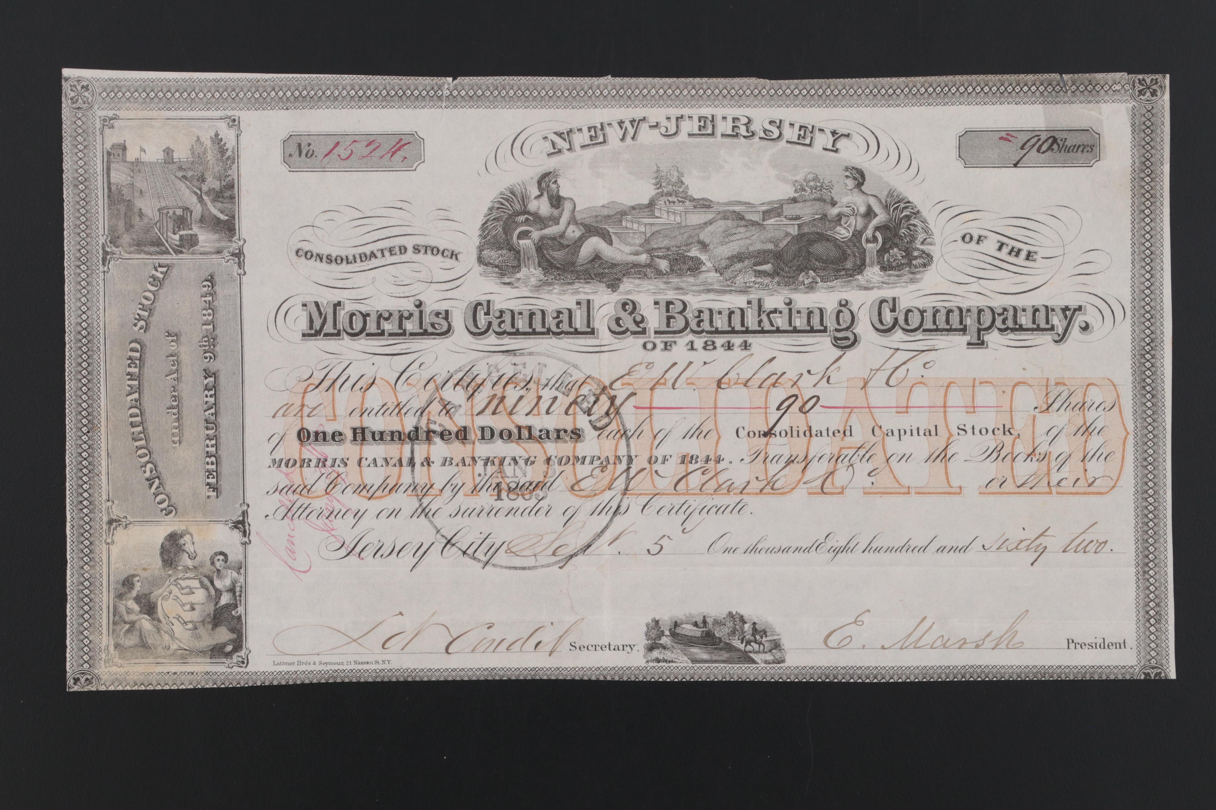 1841 Morris Canal & Banking Co. Obsolete Notes with Stocks and Trust Certificate