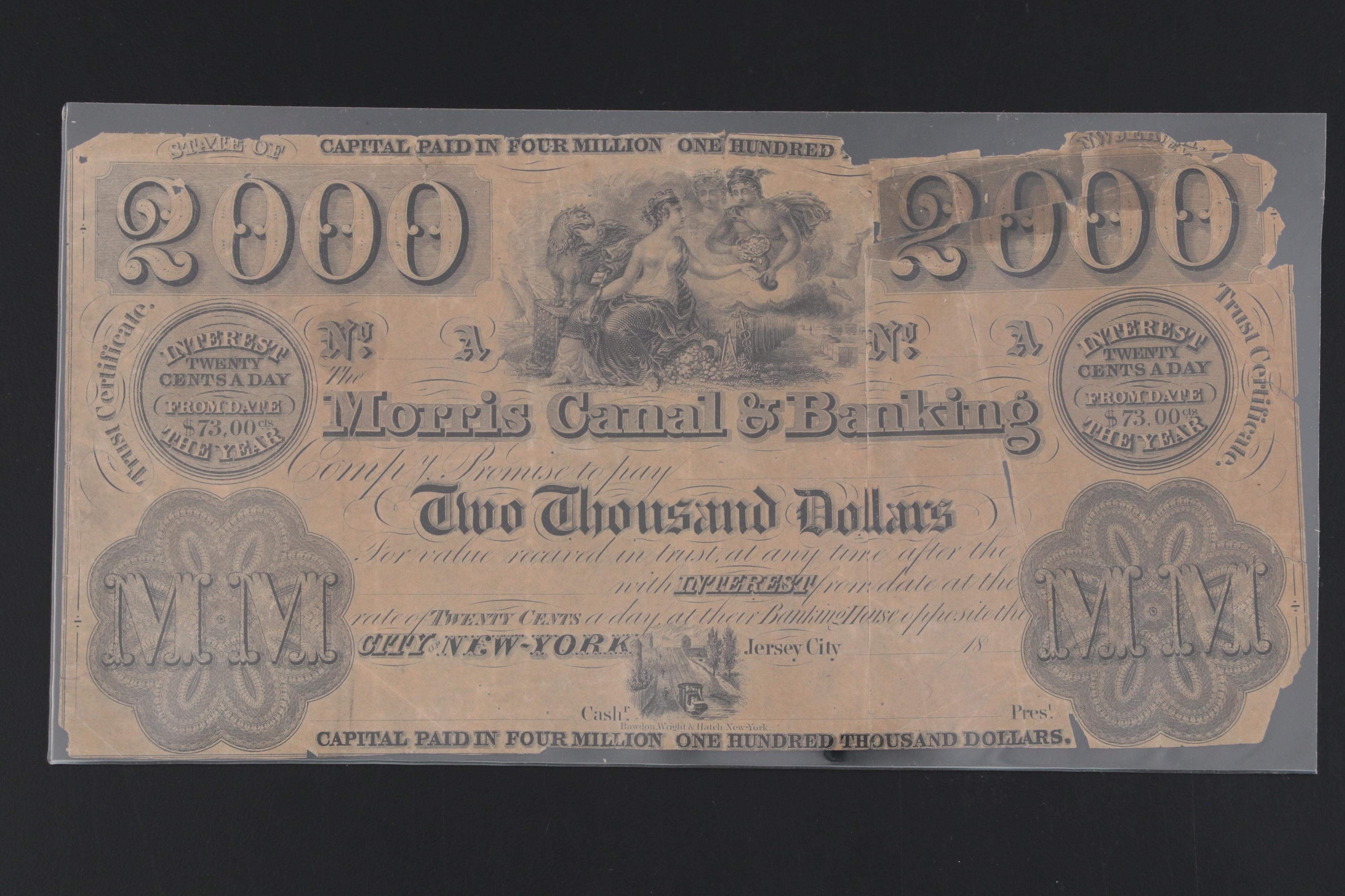 1841 Morris Canal & Banking Co. Obsolete Notes with Stocks and Trust Certificate