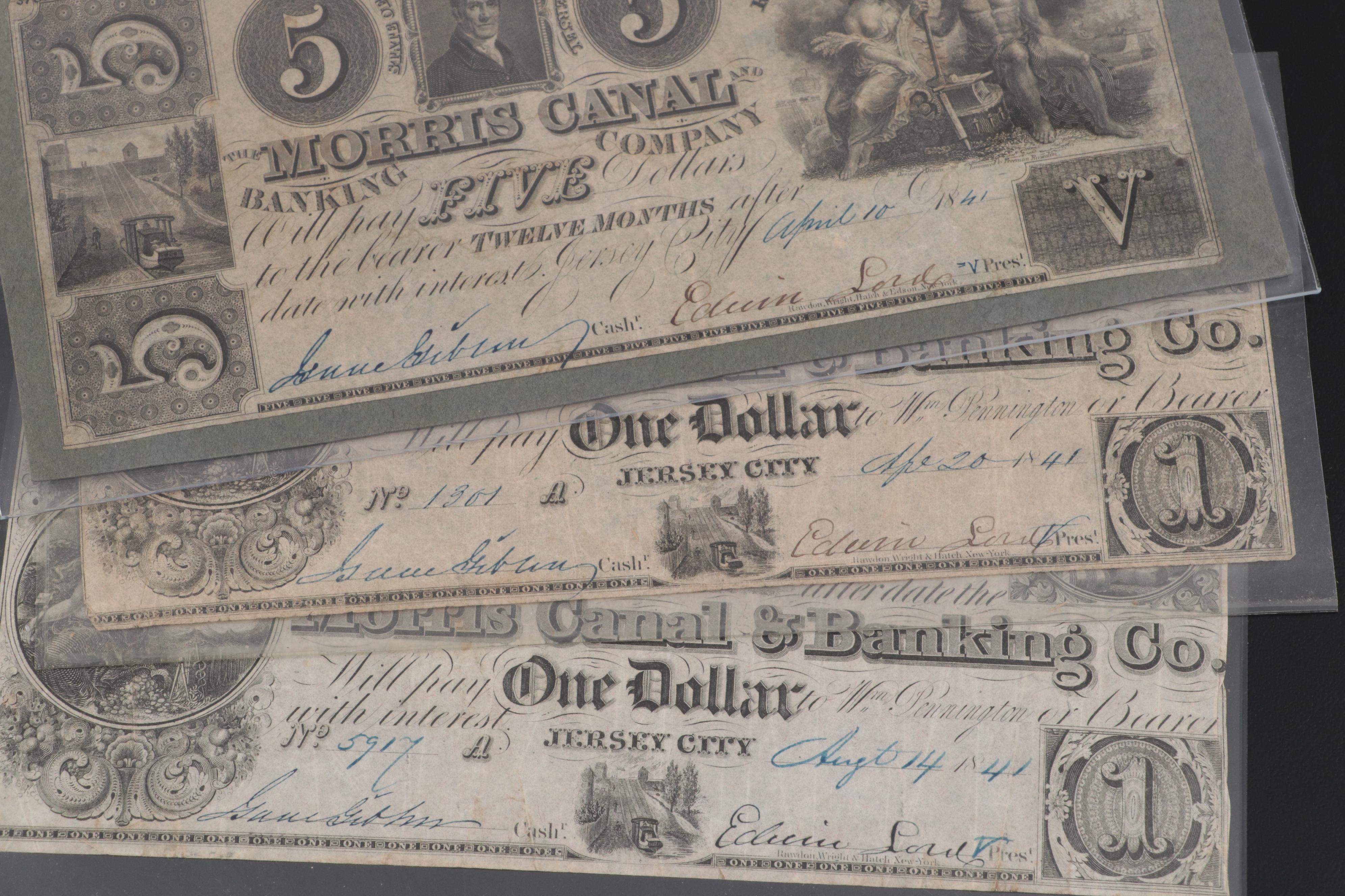 1841 Morris Canal & Banking Co. Obsolete Notes with Stocks and Trust Certificate