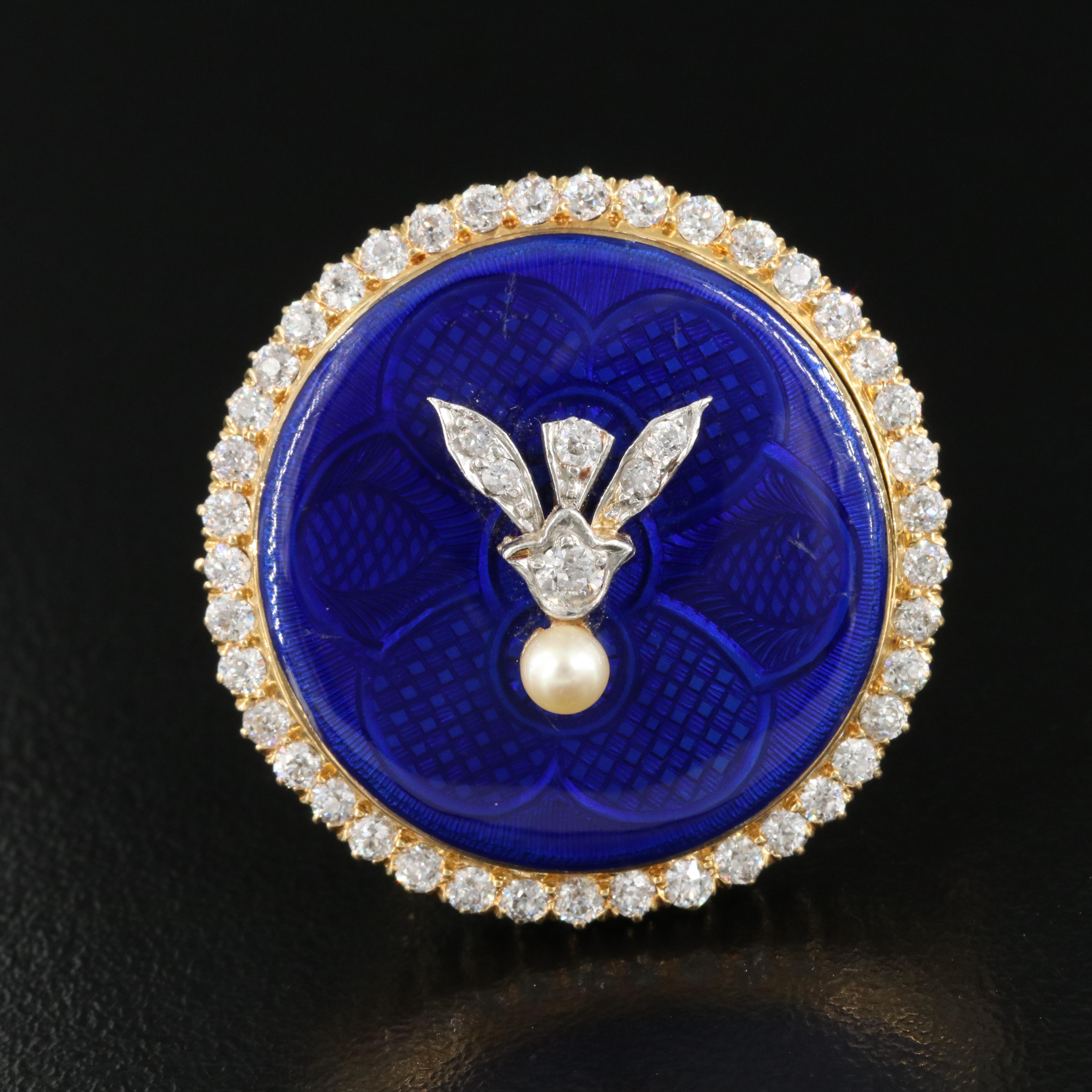 Edwardian Tiffany & Co. 18K Guilloché Enamel, Diamond Brooch with Platinum Trim