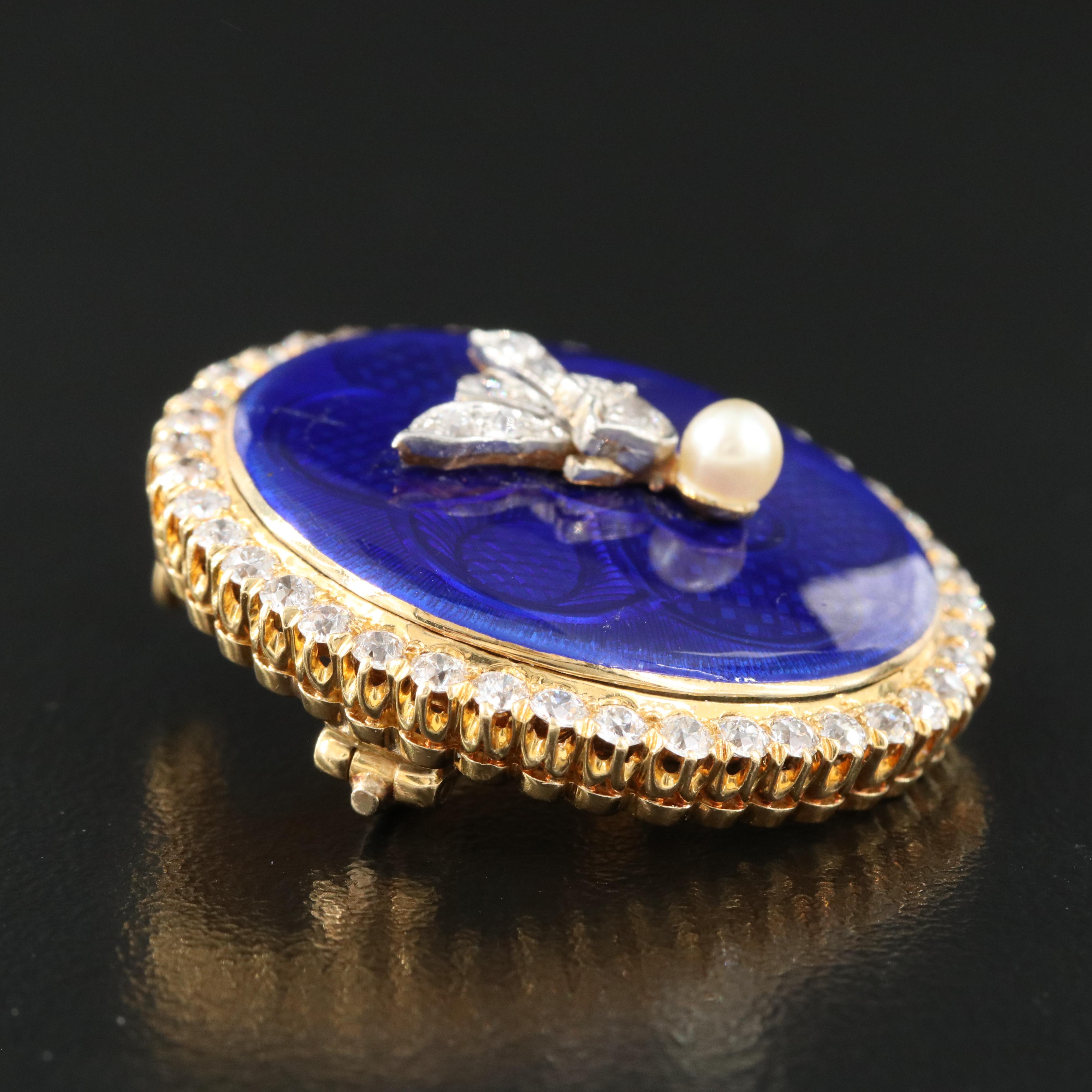 Edwardian Tiffany & Co. 18K Guilloché Enamel, Diamond Brooch with Platinum Trim