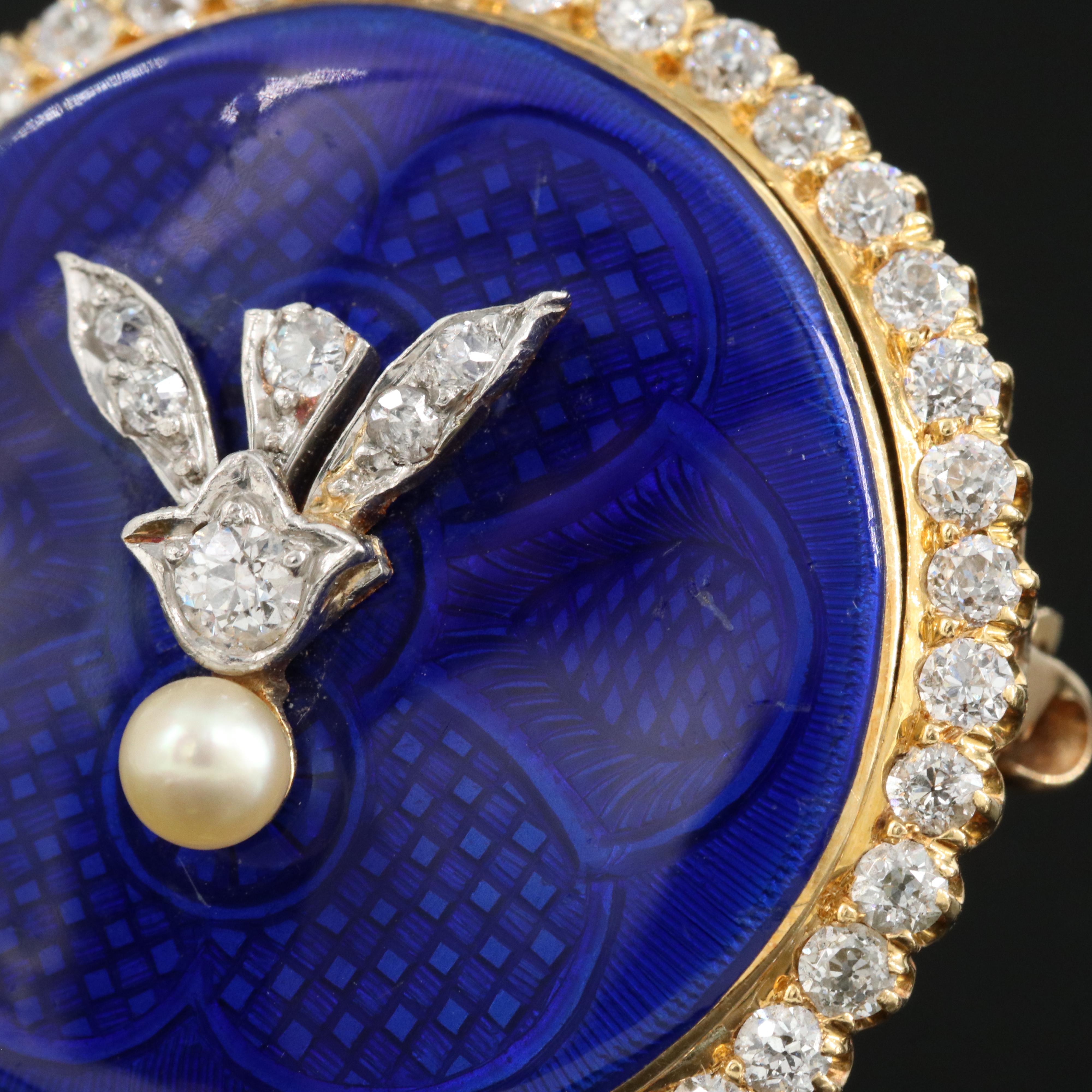 Edwardian Tiffany & Co. 18K Guilloché Enamel, Diamond Brooch with Platinum Trim