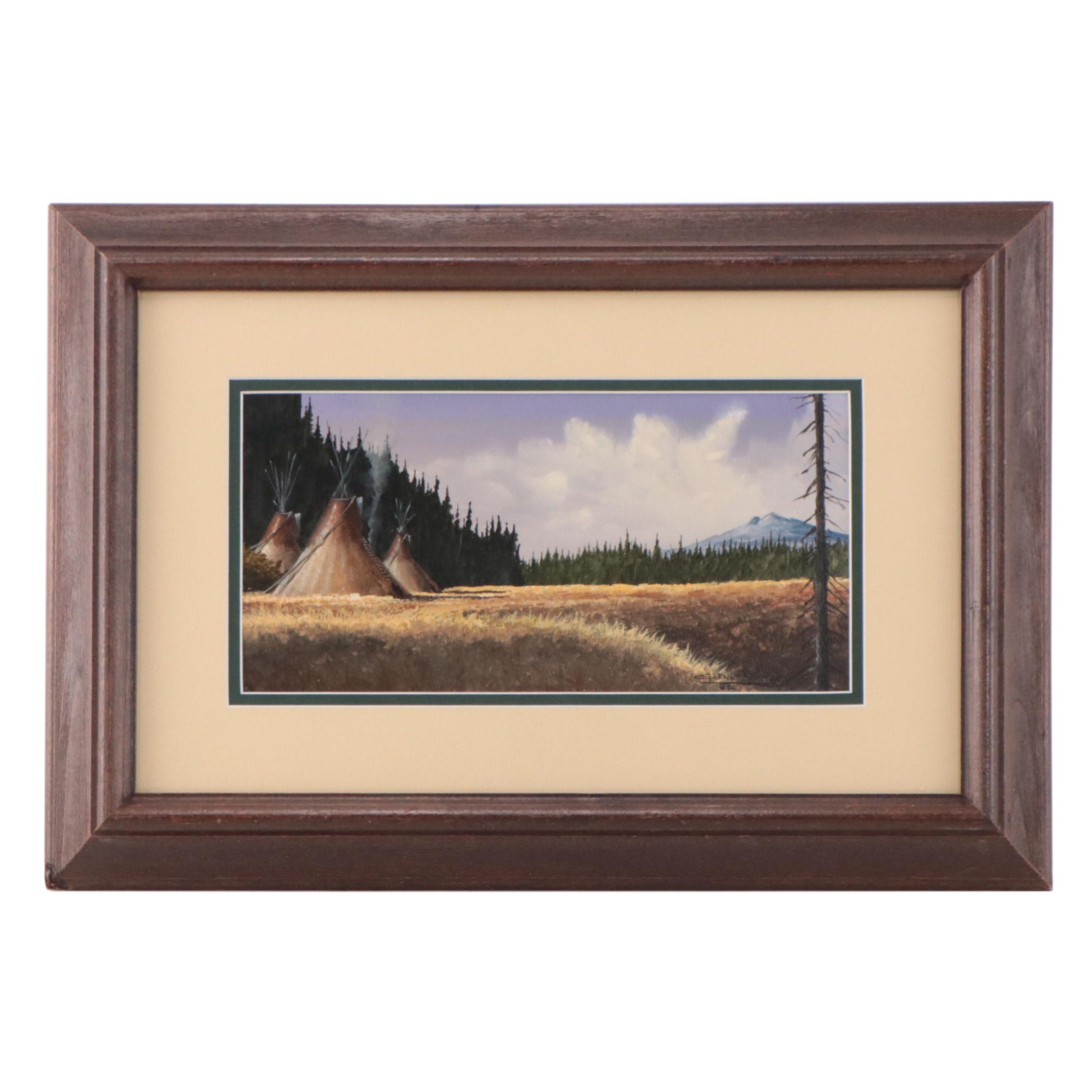 Garnet Buster Native American Encampment Landscape Watercolor Painting, 1980